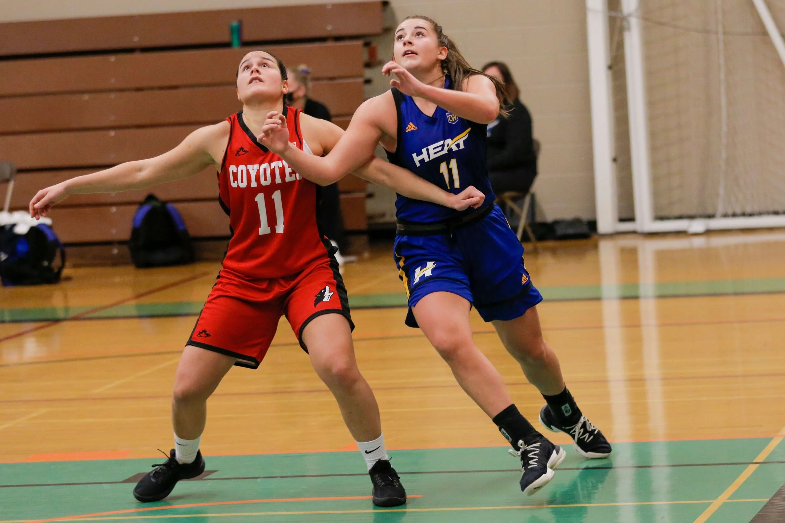 Two female basketball players, one in a red uniform with number 11 and the other in a blue uniform with number 11, competing on an indoor basketball court.