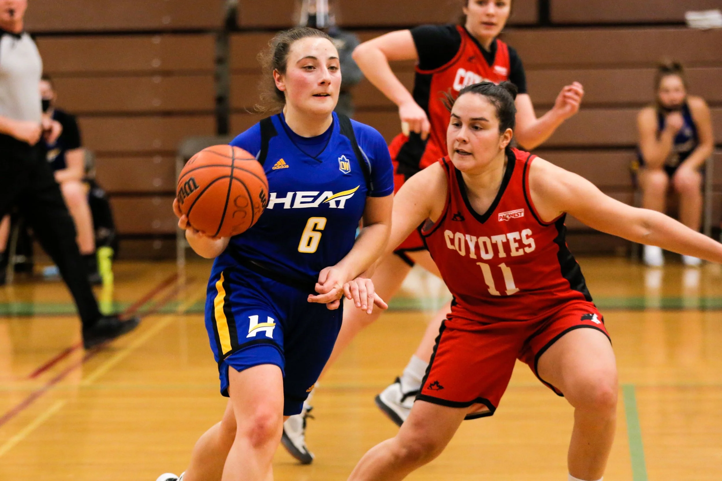 A women’s basketball game with one player in a blue uniform holding the ball while being guarded by a player in a red uniform. The players are on a basketball court indoors.
