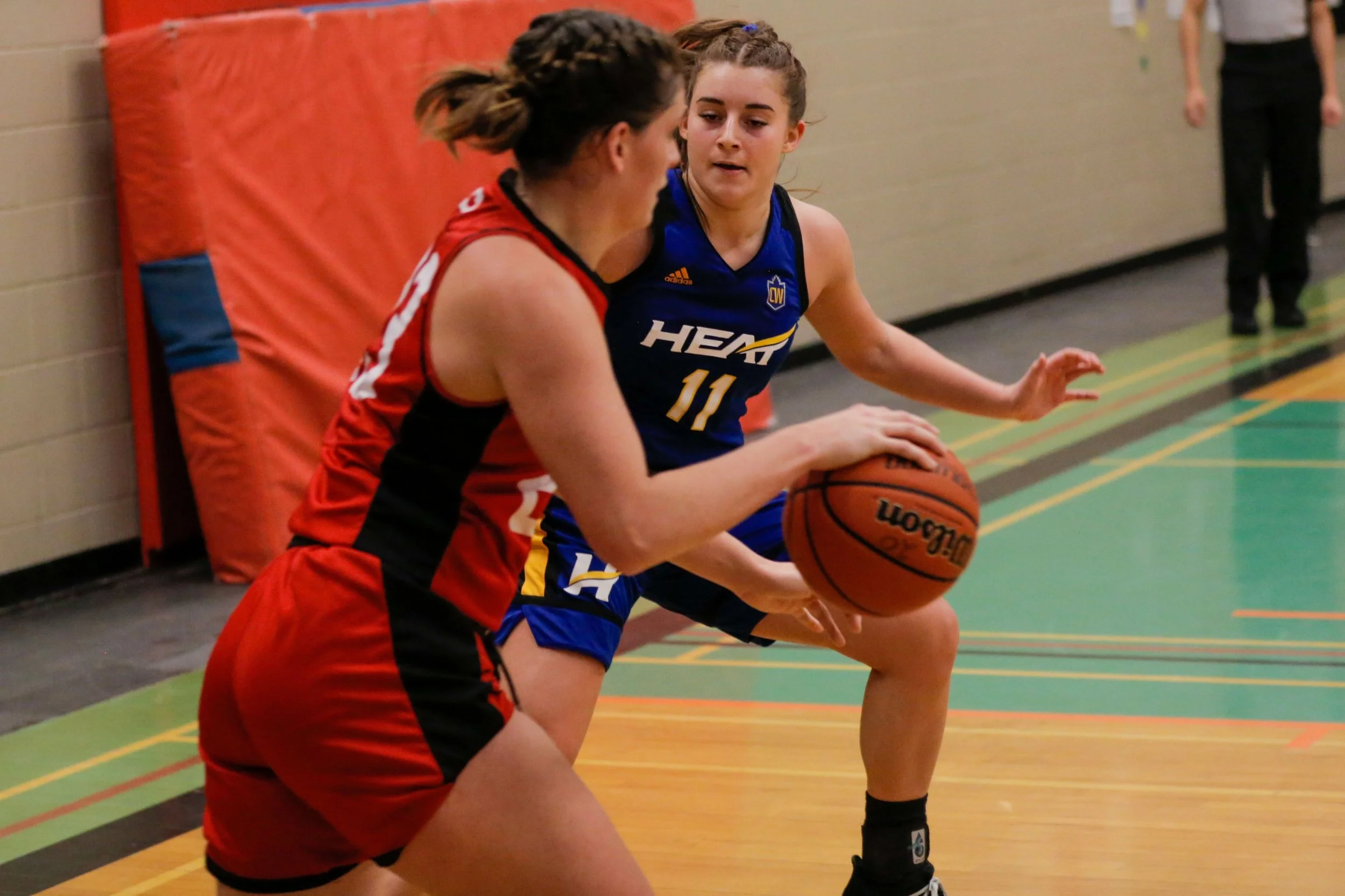 Two female basketball players compete for possession of the basketball during a game, with one in a red and black jersey and the other in a blue and yellow jersey, on an indoor court.