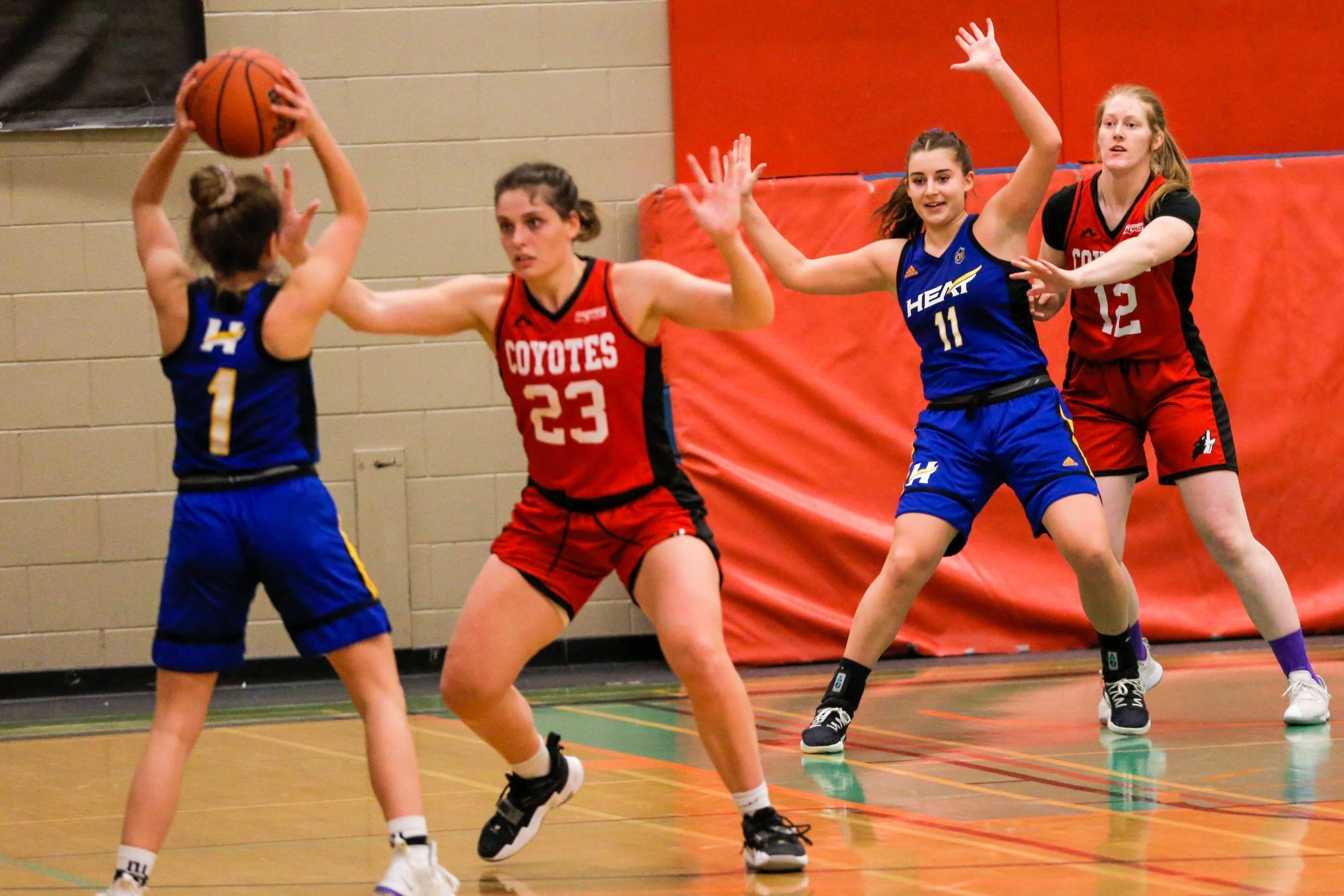 Four female basketball players on an indoor court, two in red and two in blue uniforms, with one in red holding a basketball above her head while the others defend.