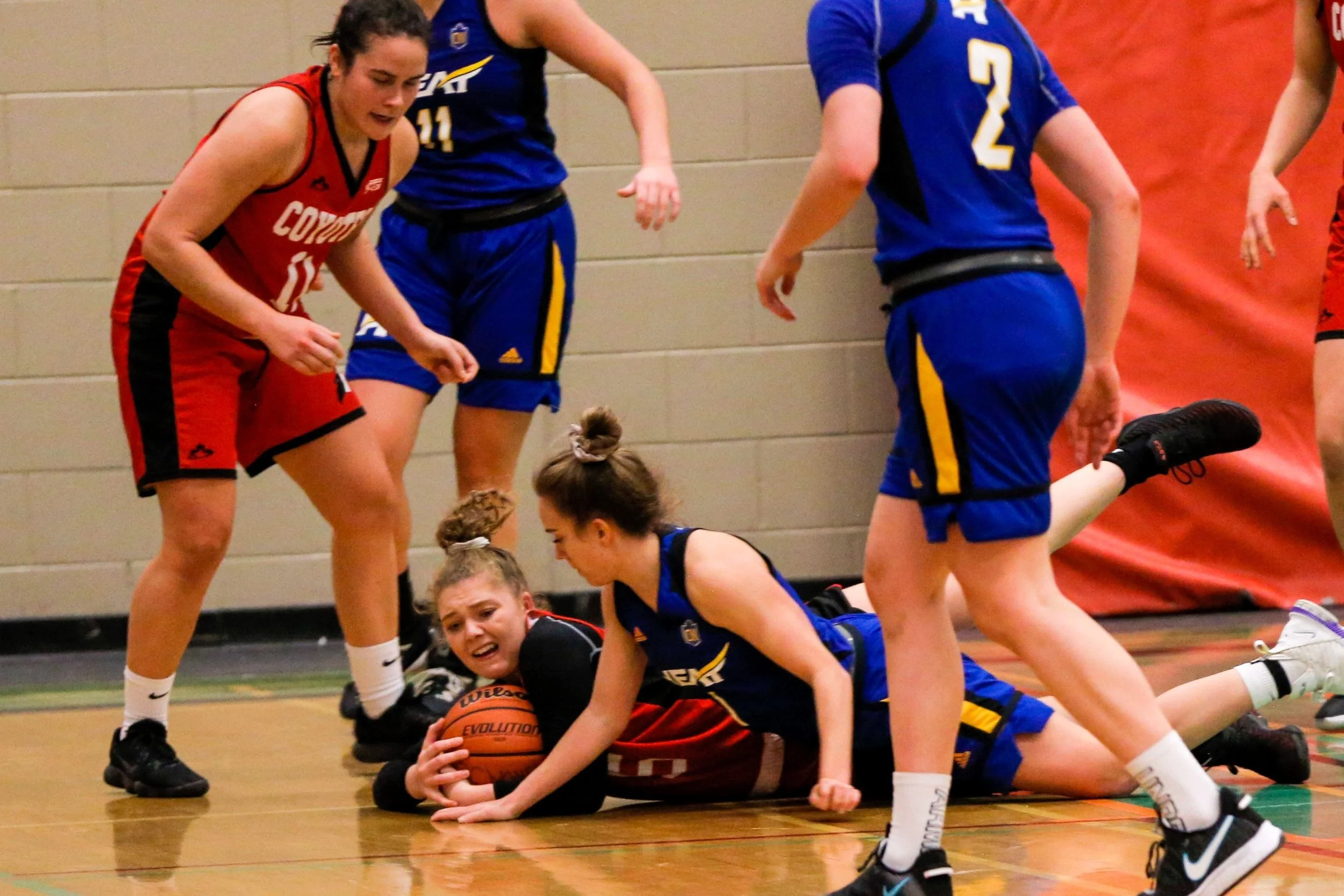 Two female basketball players are on the ground fighting for the ball while other players stand around them during a game.