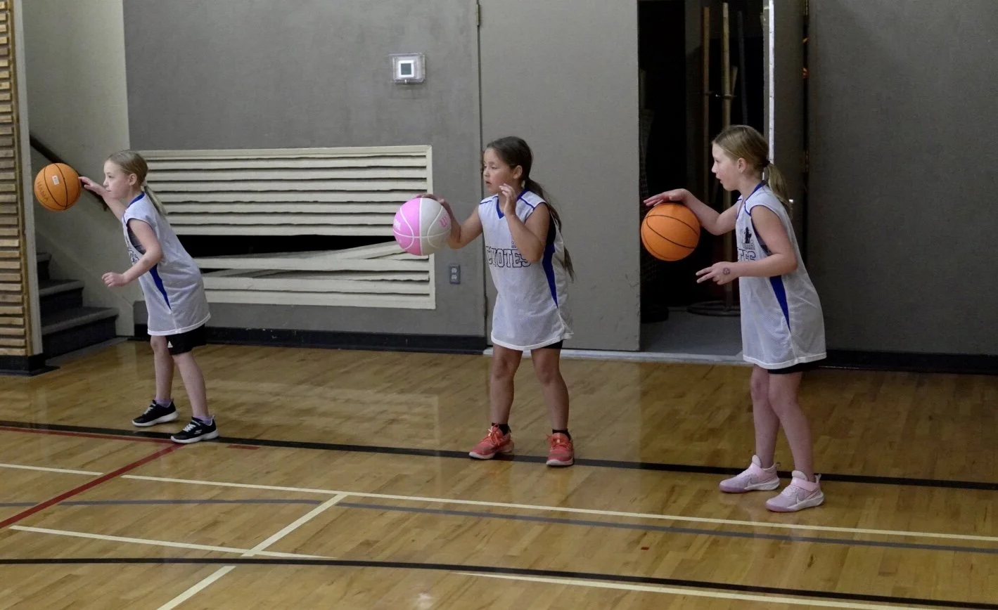 Three young girls in white basketball uniforms practicing with basketballs in an indoor gym, standing in a line and dribbling or bouncing basketballs.