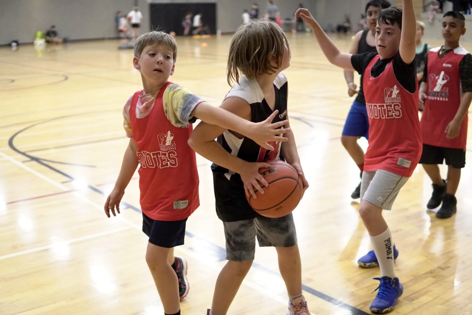 Children playing basketball in an indoor gymnasium, with one child holding the ball and others reaching for it.