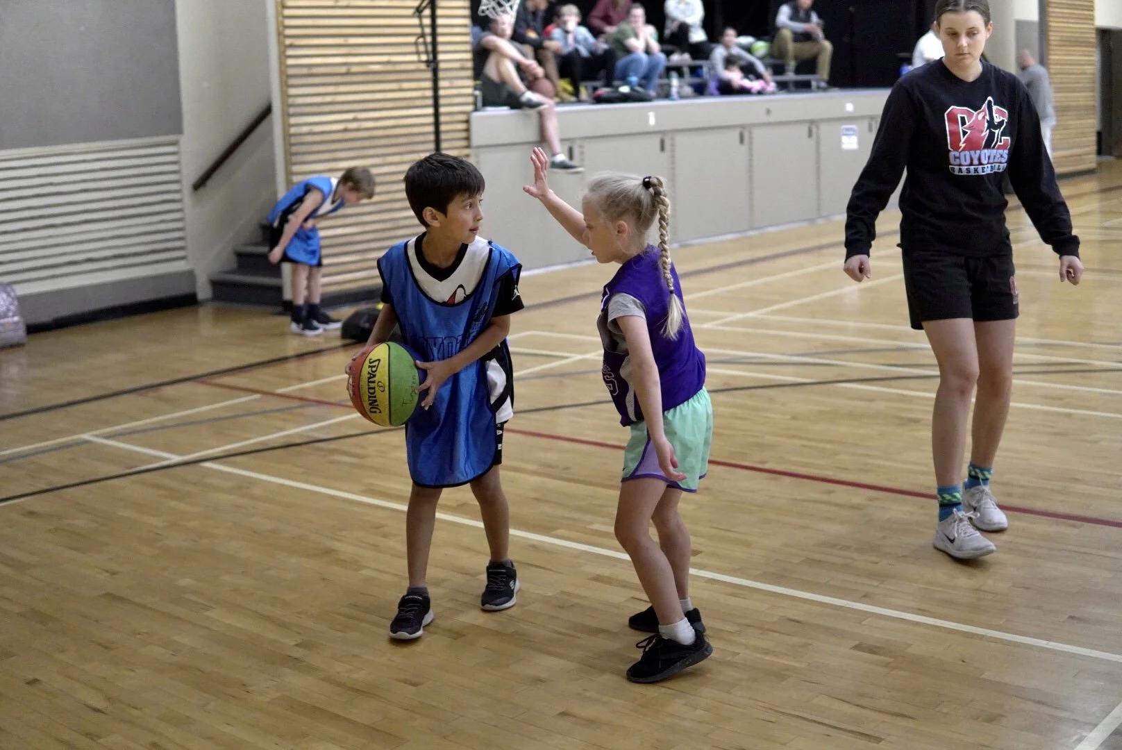 A young boy holding a basketball is engaging in a game of basketball with a young girl in a gymnasium. A taller girl appears to be observing nearby, and there are other children seated on benches in the background.