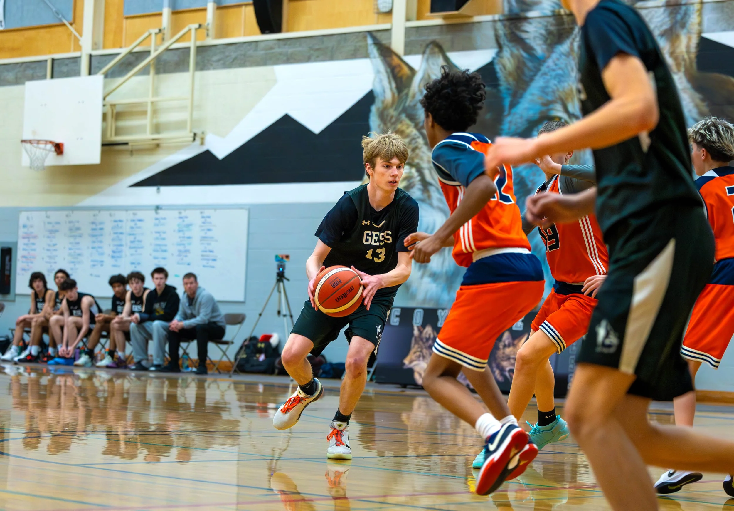 Young male basketball player dribbling the ball while playing defense on opponents in orange jerseys during a game in a gymnasium with spectators and a mural of a lion in the background.