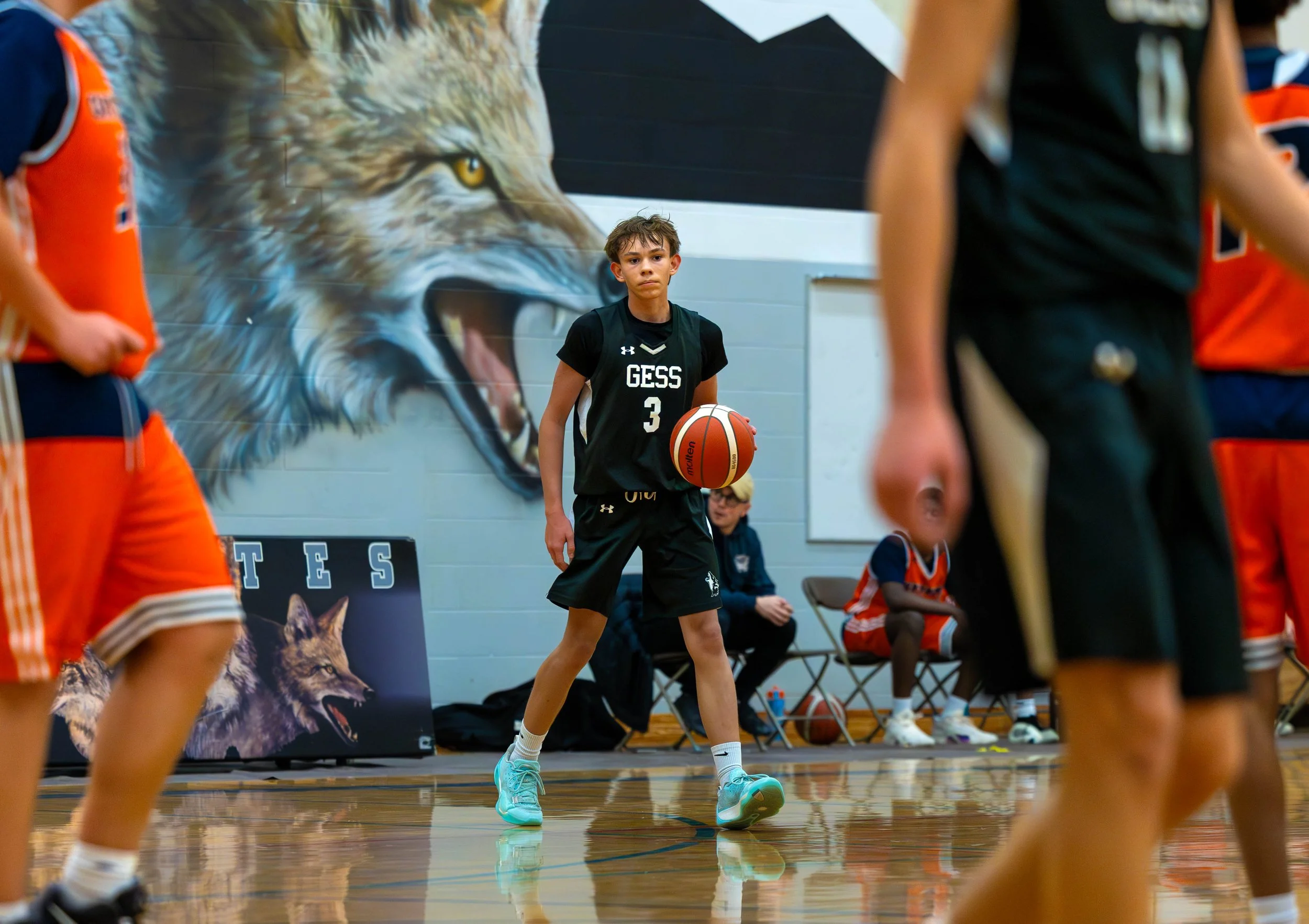 A young boy in a black basketball uniform holding a basketball on a gym court surrounded by other players. In the background, there is a wall with a large painting of a roaring lion.
