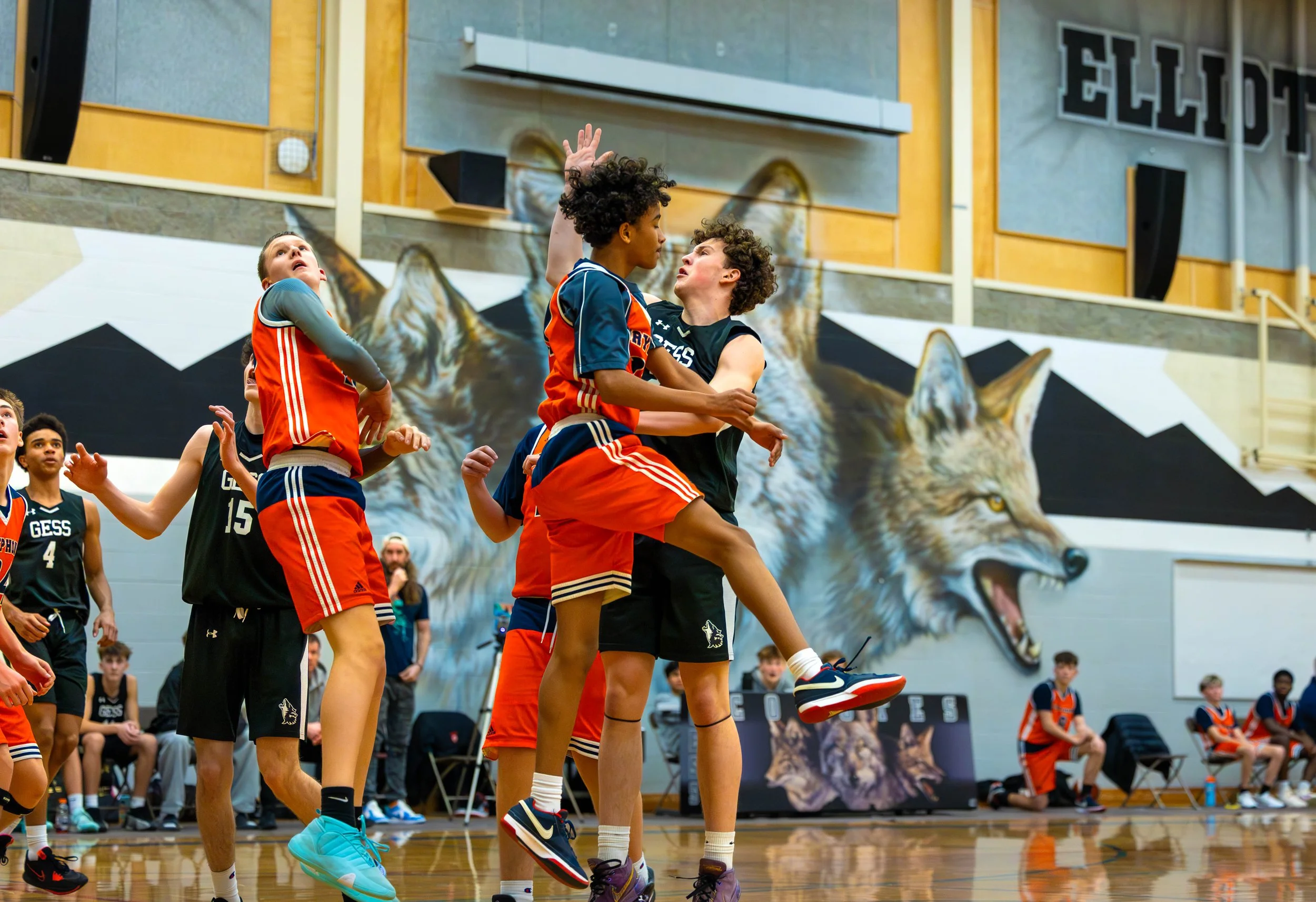 Group of young basketball players in action during a game in an indoor gym with a mountain and wolf mural in the background.