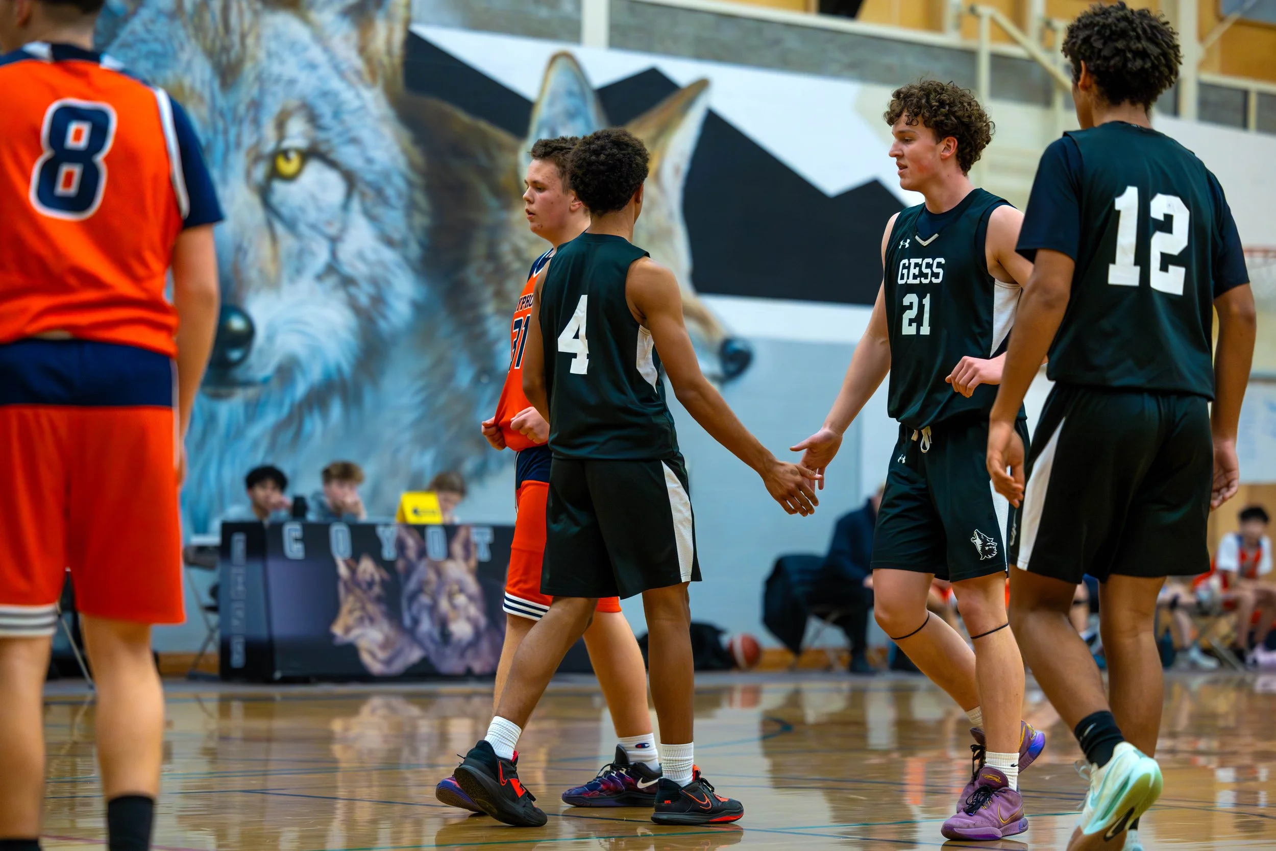High school basketball players shaking hands on the court after a game, with a mural of a wolf and a lion in the background