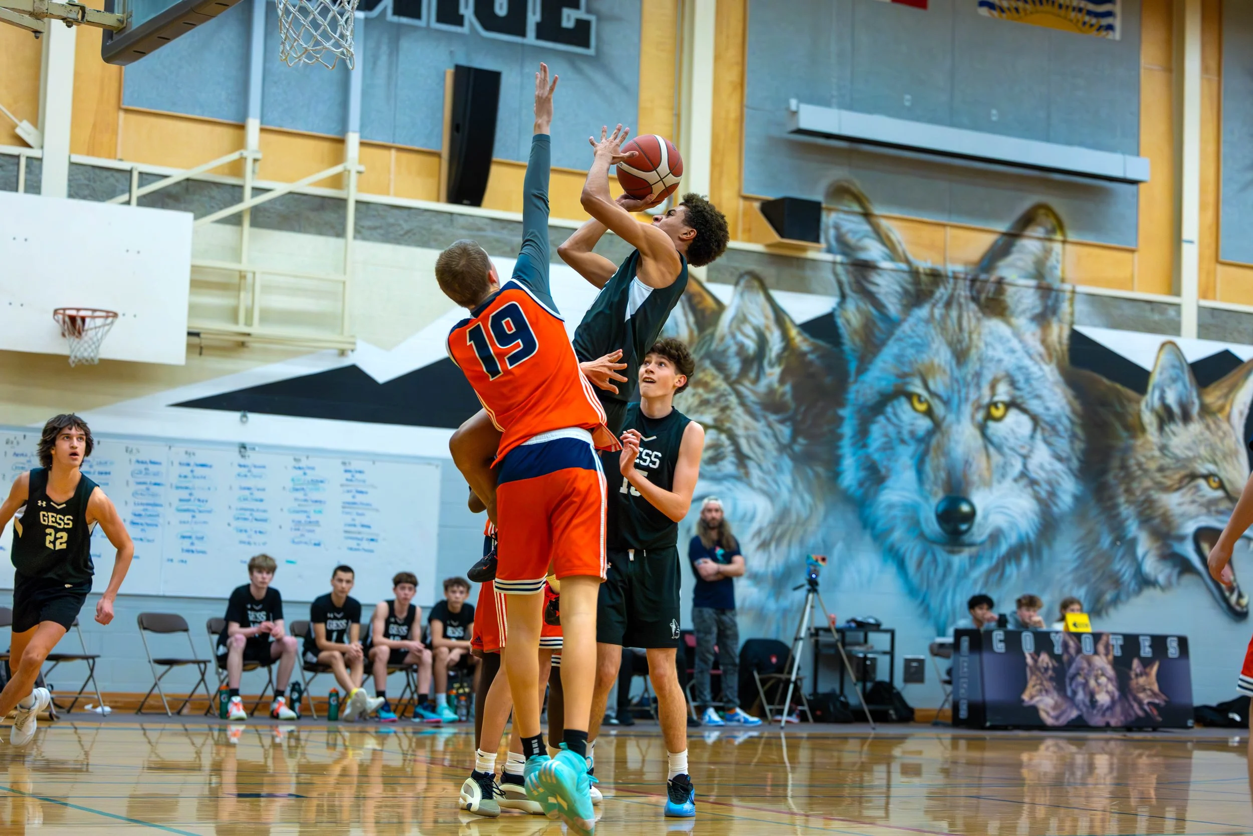 A basketball game with players leaping for the ball inside a gymnasium with a painted wolf mural on the wall.