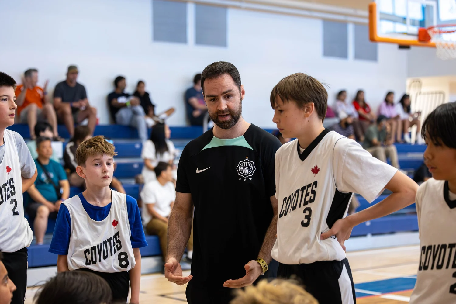 Coach Andrew Gini with Junior Coyotes players at a game in Kelowna