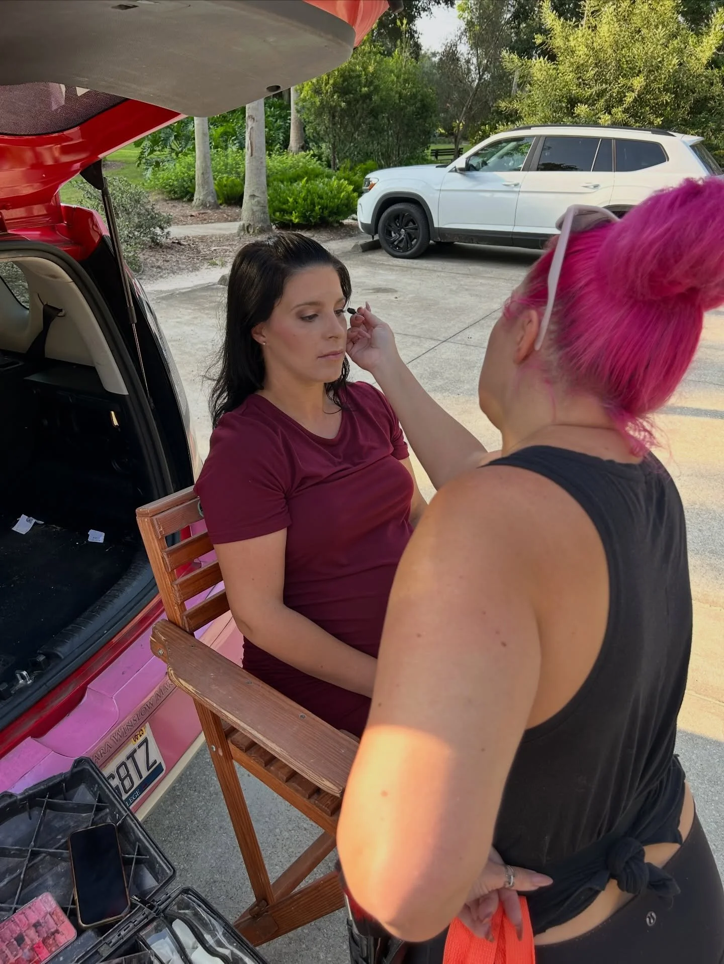 People often ask where I do makeup? The answer is - wherever my clients need me.  So if they are doing a shoot in a natural location then I will setup behind my car.  I bring a chair wherever I go.  My full size kit doesn&rsquo;t require a table to s