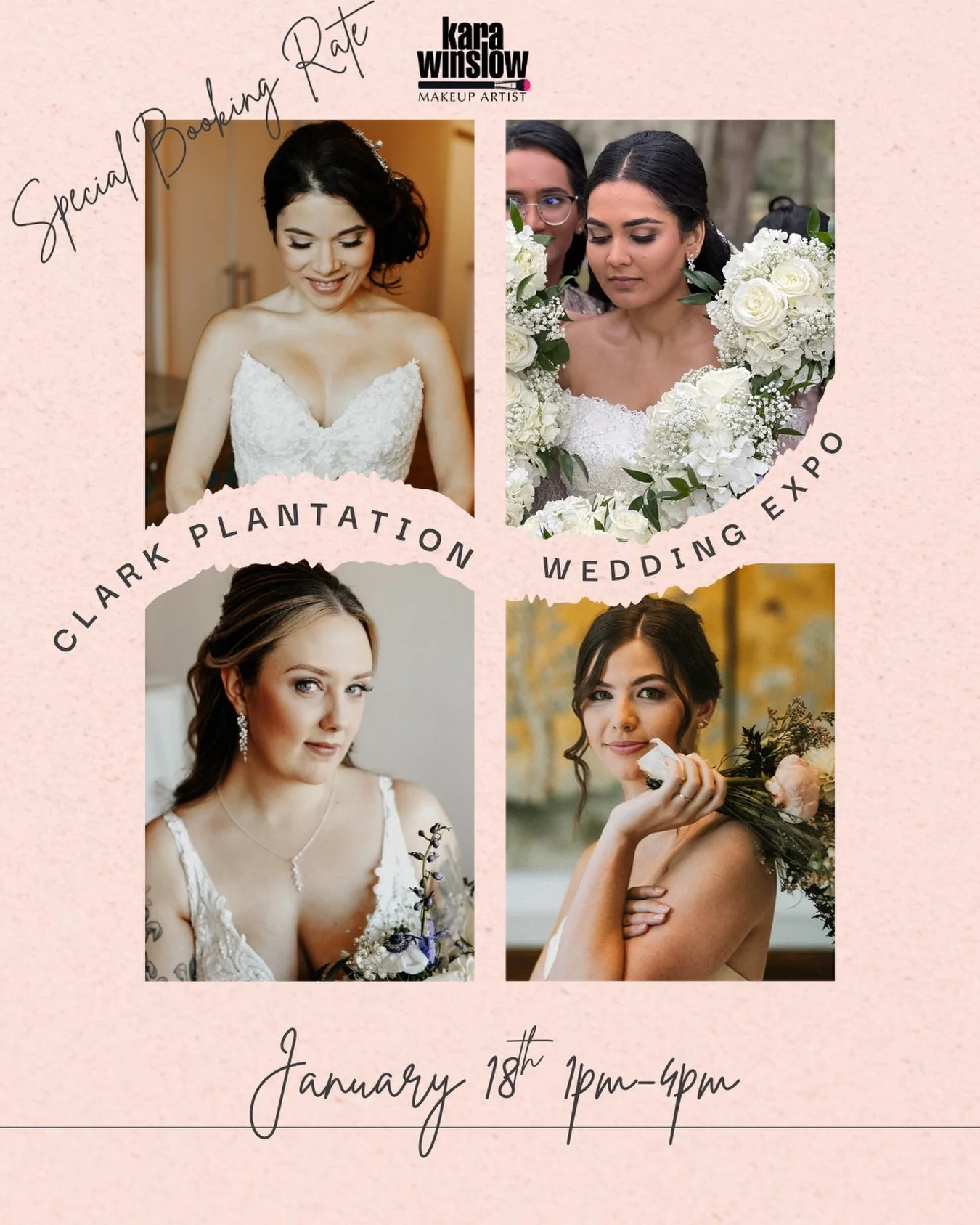 SPECIAL one day package available only to brides that book at the @clarkplantation expo! 

$100 off your package at 2025 rates not 2026 rates 
PLUS
An extra hour of touchups after the ceremony for free 
PLUS 
2 entries into the chance drawing still t