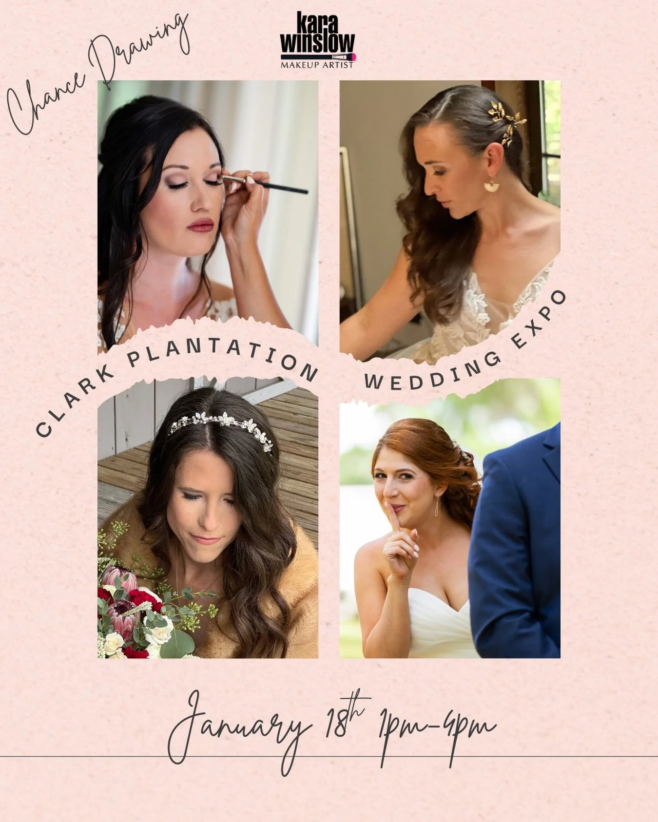 Come see me at the @clarkplantation expo on January 18th.  There will be two chances to win something from me. 

All brides will be entered into a drawings that will drawn throughout the event and will have the chance to win a gift bag of makeup from