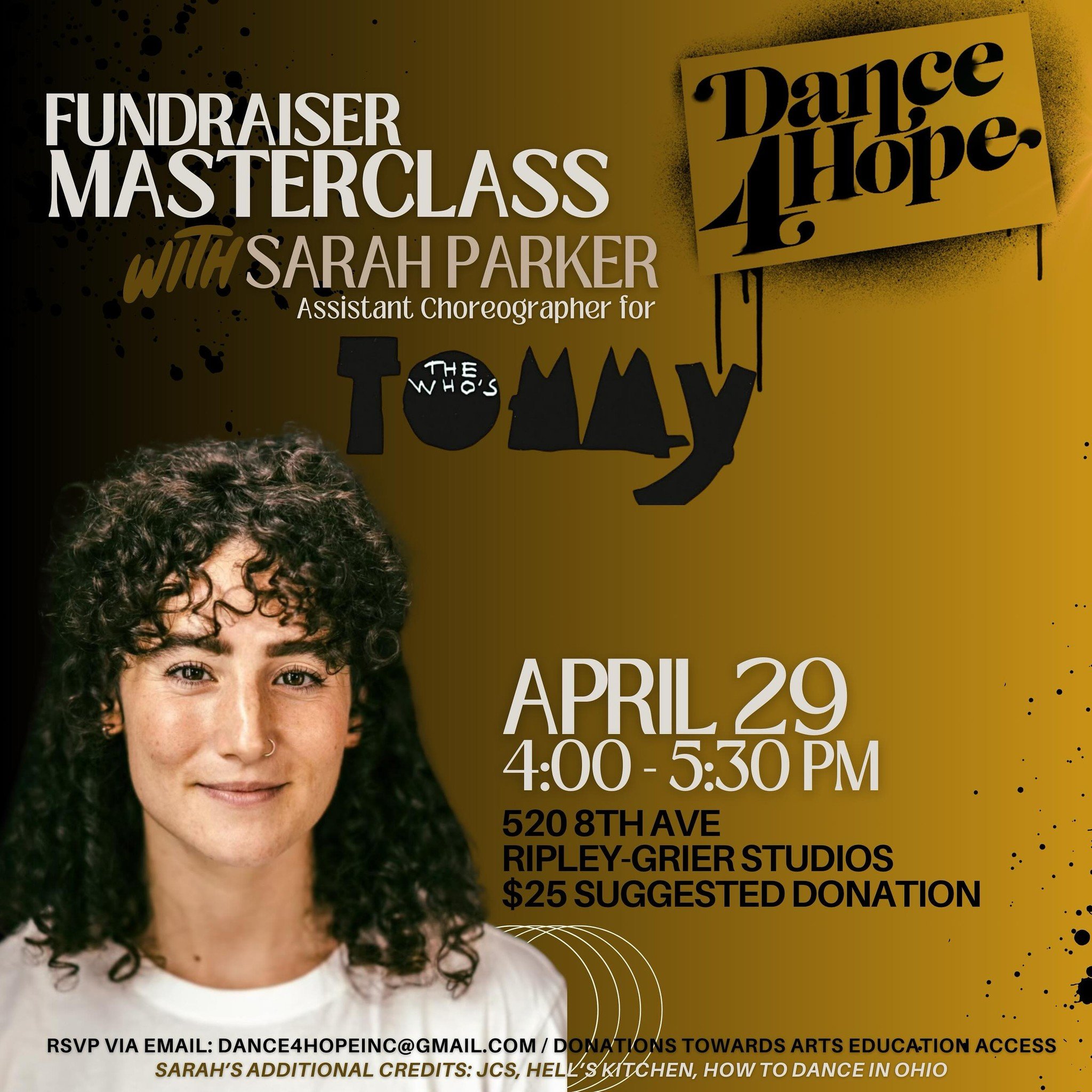 TWO WEEKS FROM TODAY!! 
@sfp9589 will be teaching a Fundraiser
BROADWAY Masterclass!! 
MONDAY April 29th 
AT RIPLEY 520
4-5:30pm 
$25 suggested donation 
Donations go towards our mission of providing more accessibility for arts education!! 

Sarah wh