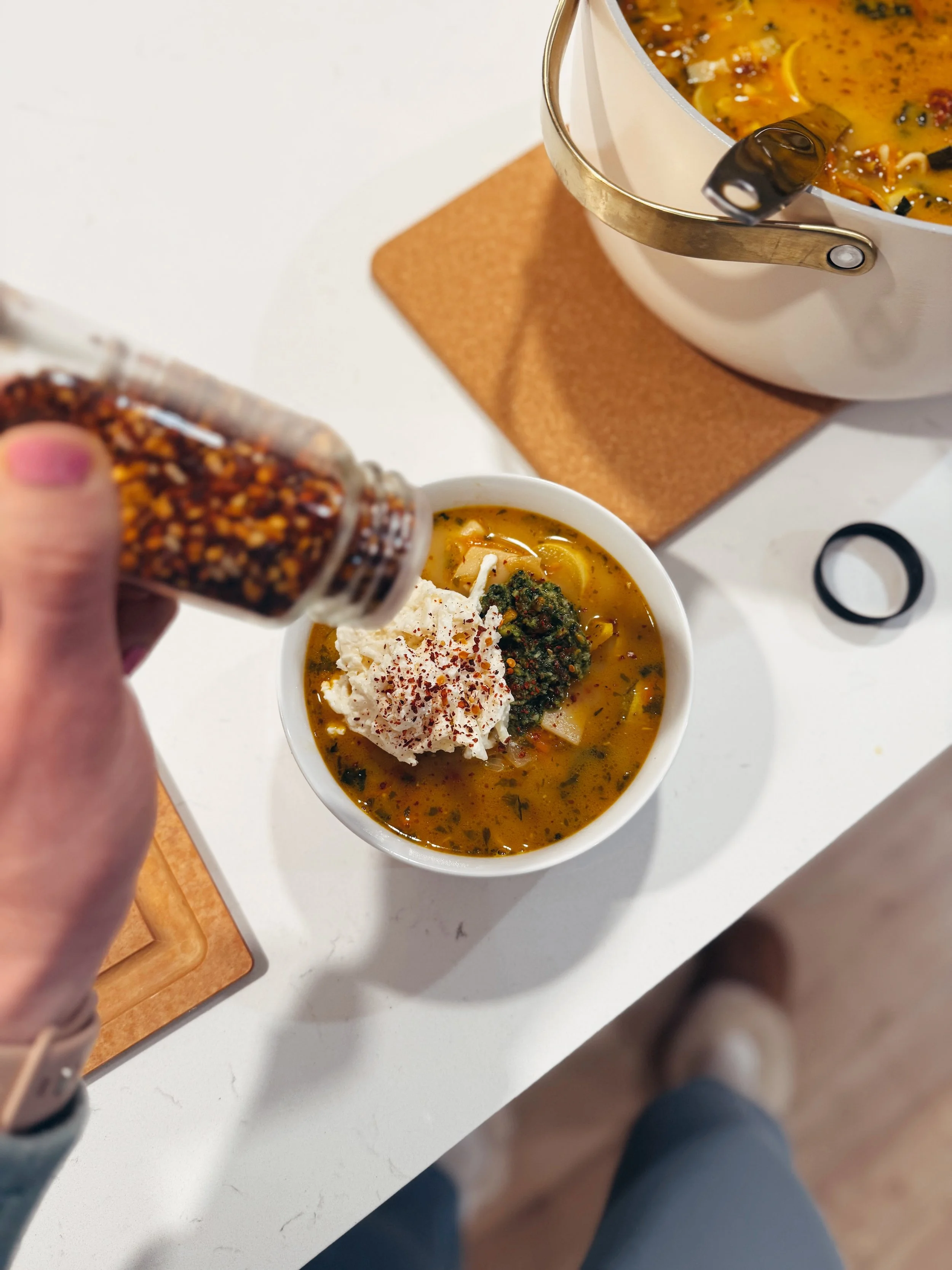 Lasagna Soup with Zucchini, Squash and Fresh Pesto 