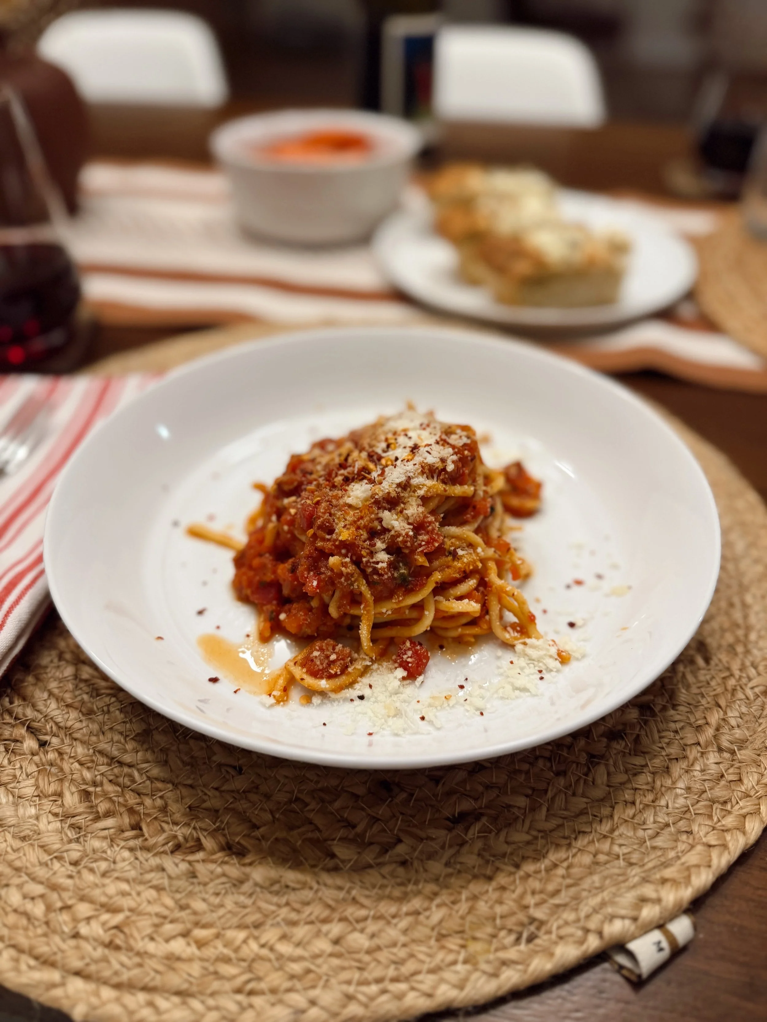 Pasta Amatriciana with fresh focaccia + a good Italian cocktail