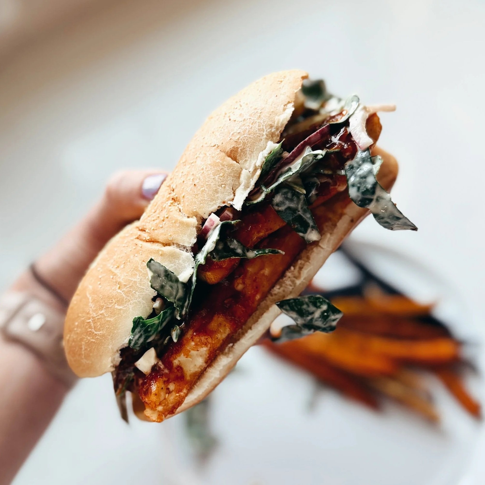 Crispy Hot Honey Tofu Sandwiches + Kale Slaw