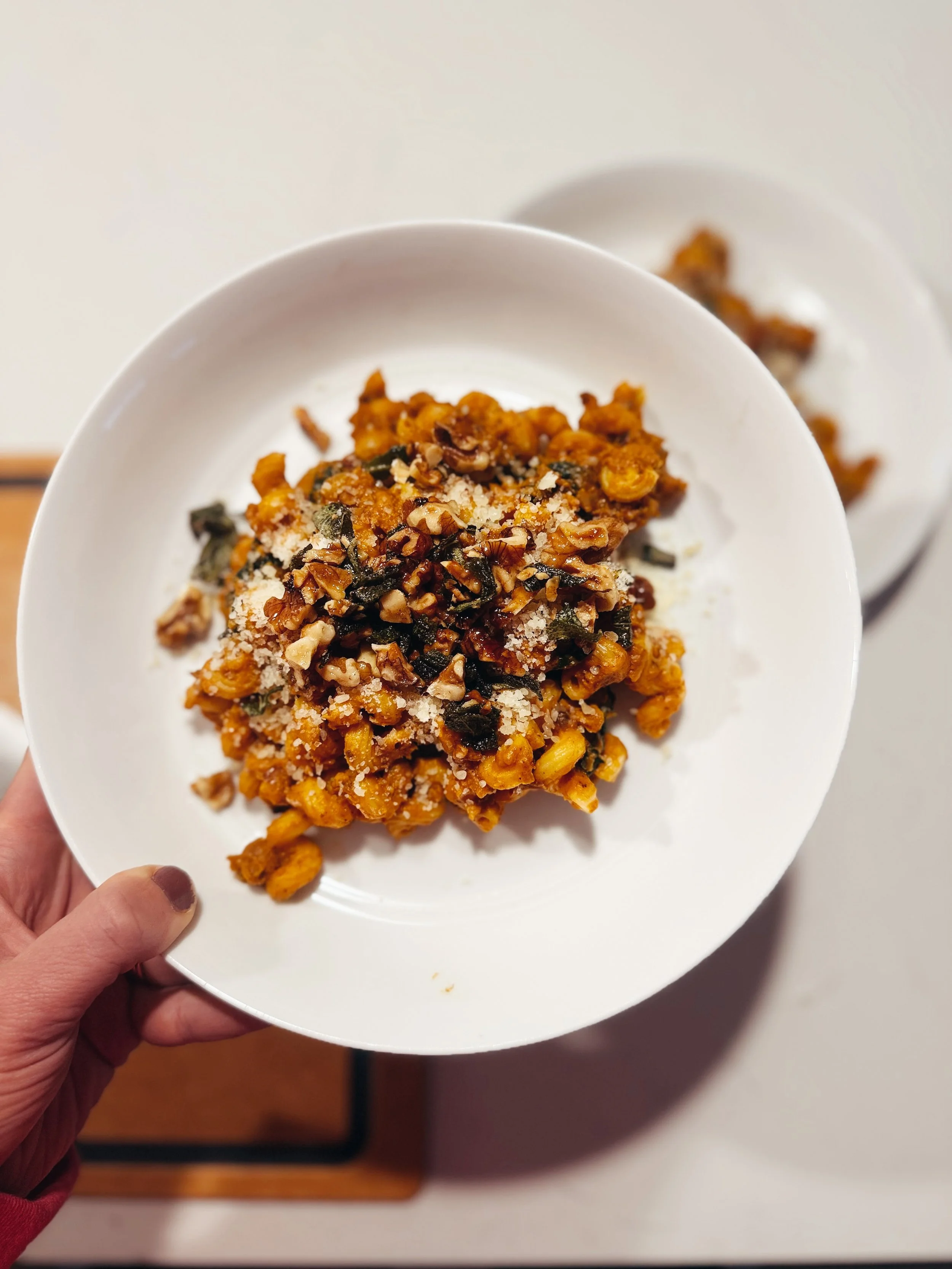 Pumpkin + Soyrizo Pasta with a Walnut-Sage Crumble