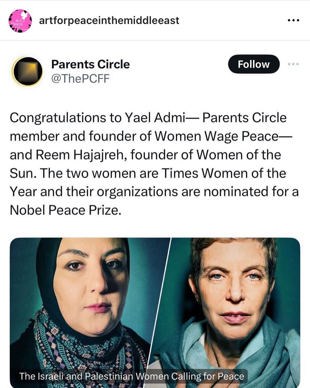A reminder of what is possible when we work together. Congratulations to Reem @women.of.the.sun_ and Yael @womenwagepeace . We are so glad to have supported you and your women-led grassroots peace movements with our fundraiser @artforpeaceinthemiddle