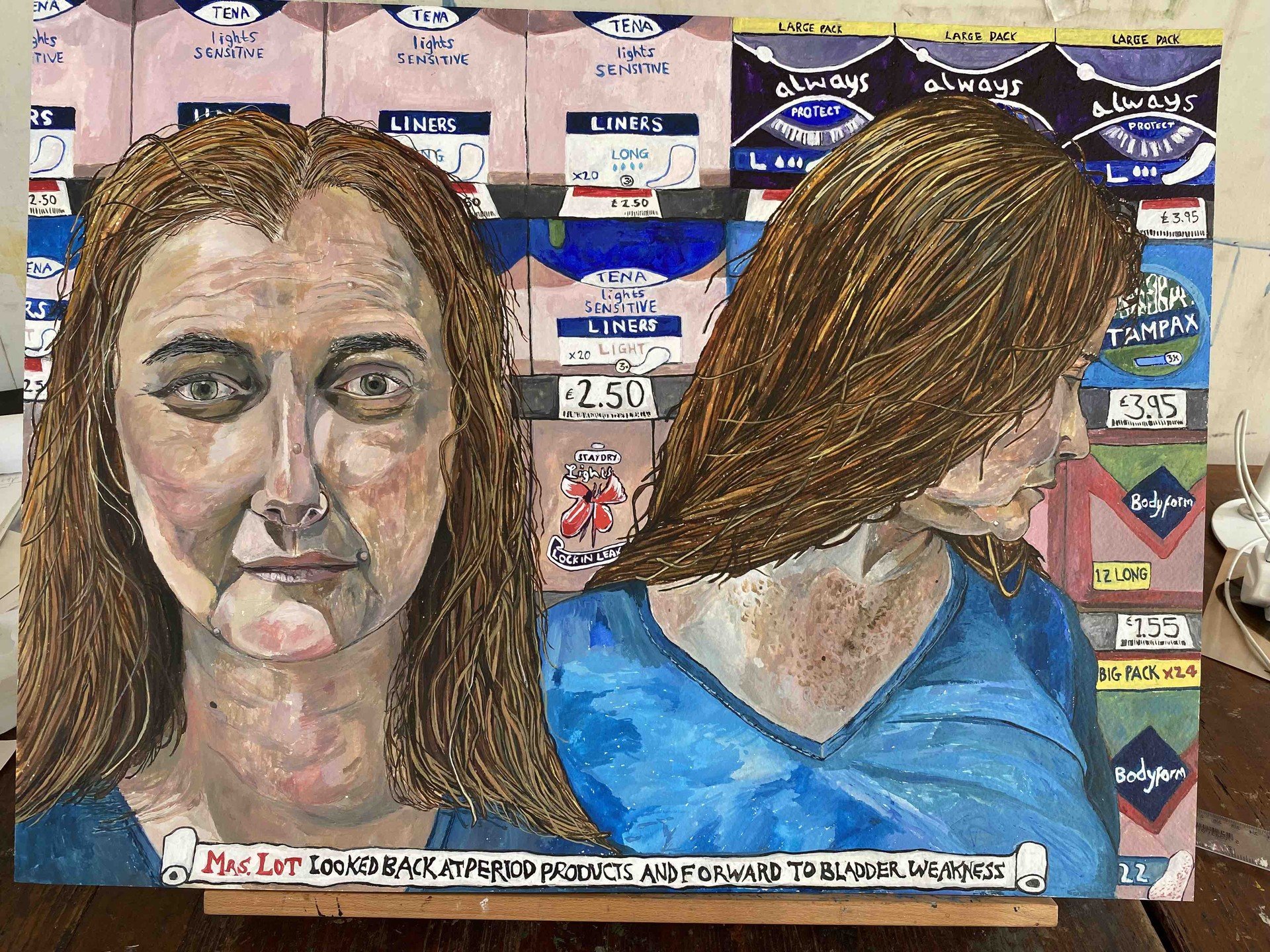 &quot;Lot's Wife&quot;(2024)
Watercolour on Paper 
61cm x 45.5cm 
&quot;Mrs Lot Looked Back at Period Products and Forward to Bladder Weakness&quot;
My largest watercolour painting to date celebrates all things damp, wet, dripping and middle-aged.
It