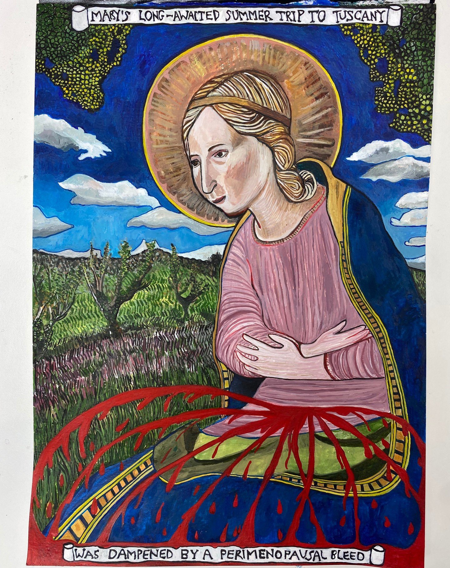 &quot;Mary's Long-Awaited Summer Trip to Tuscany was Dampened by a Perimenopausal Bleed&quot; 2024 Watercolour on Paper 29.7 x 42cm. With bloody thanks to Raphael and Fra Angelico. #menopause #perimenopause #Tuscany #bleeding #ageing #ageingbodies #w