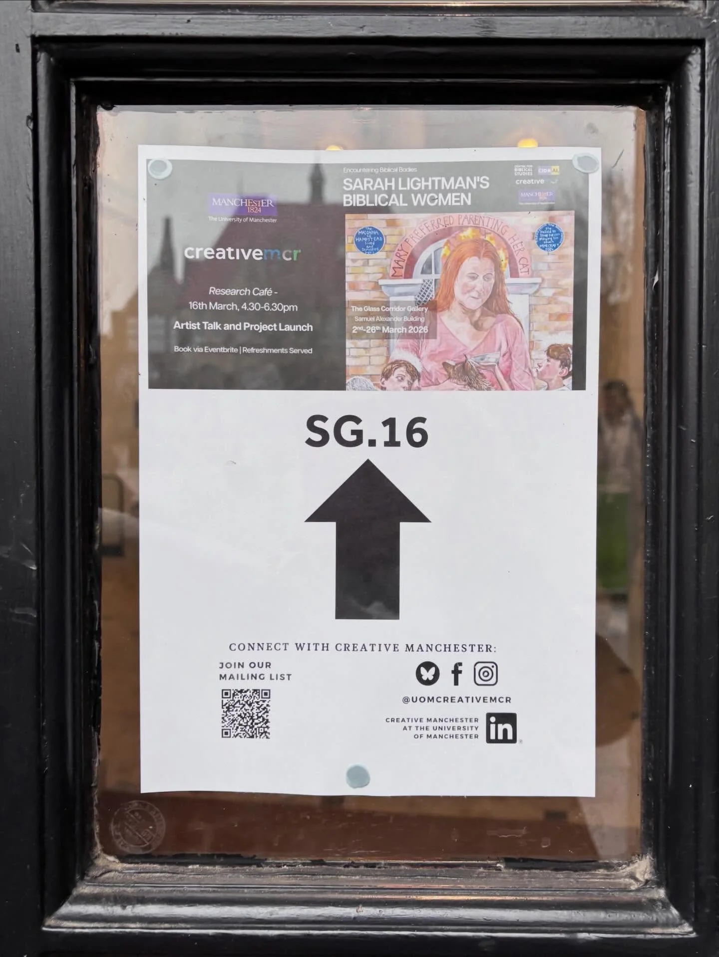 Thank you @siobhanj6 and Holly and @uomreligion and @uomcreativemcr  for installing such a wonderful display of my art @officialuom in the Samuel Alexander Building. With the QR codes below each image you can hear fabulous comments and commentary fro