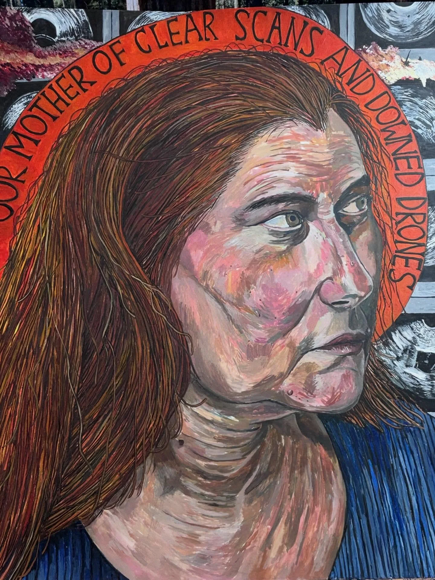 &ldquo;The Madonna of Persistent Uncertainty&rdquo; 2026 (detail)
Watercolour on Paper
61cm x 46cm

Of Cervical Scans and Suicide Drones. Sometimes Mary can only manage to pray quietly during precarious times. 
This painting is dedicated to those liv