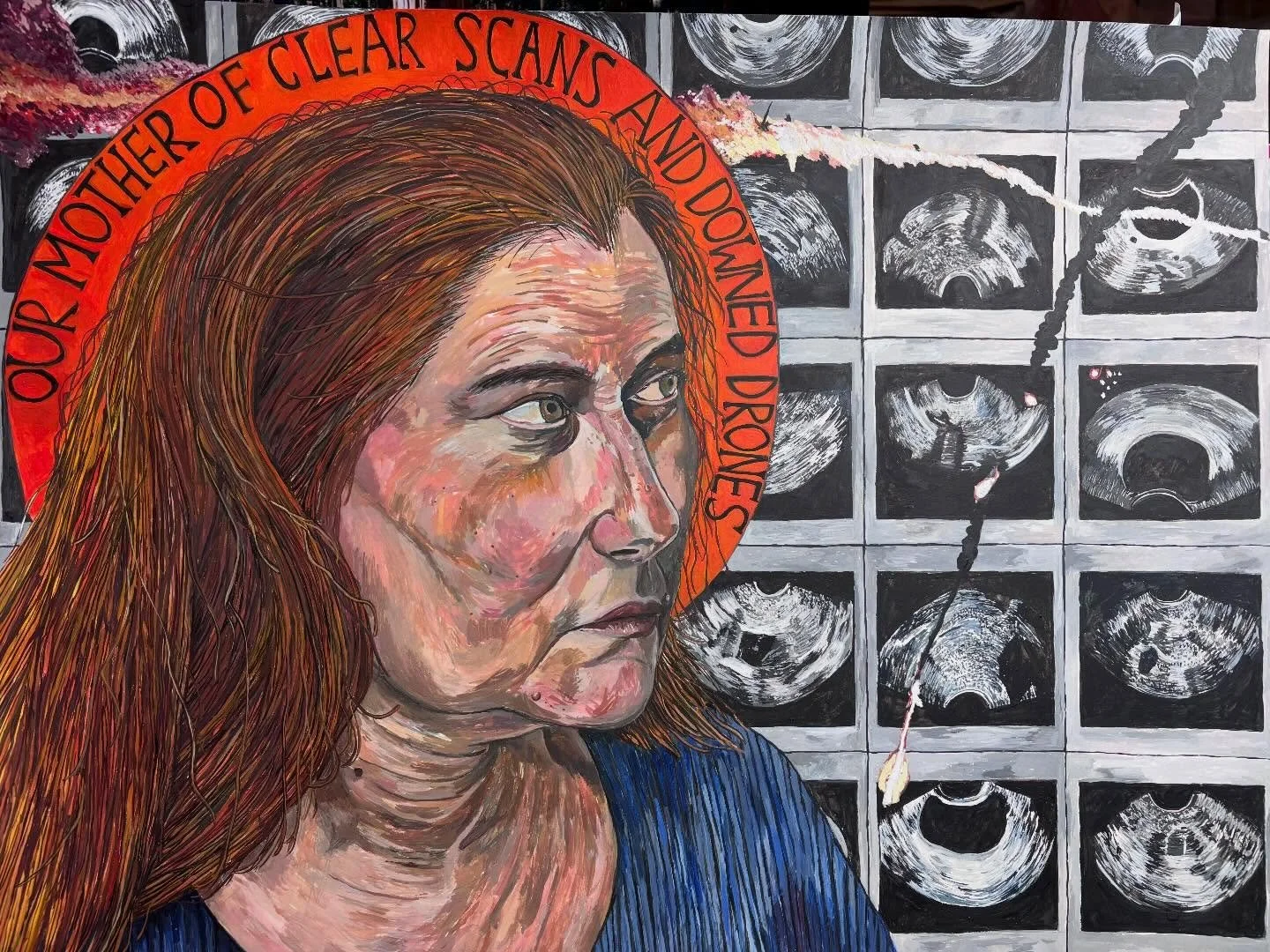 &ldquo;The Madonna of Persistent Uncertainty&rdquo; 2026 
Watercolour on Paper
61cm x 46cm
Of Cervical Scans and Suicide Drones. Sometimes Mary can only manage to pray quietly during precarious times. 
This painting is dedicated to those living in a 