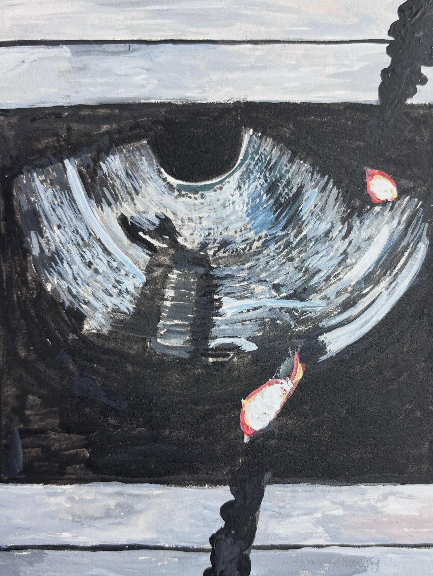 The Madonna of Persistent Uncertainty&rdquo; 2026 (details)
Watercolour on Paper 
61cm x 46cm

Of Cervical Scans and Suicide Drones. Sometimes Mary can only manage to pray quietly during precarious times. 
This painting is dedicated to those living i