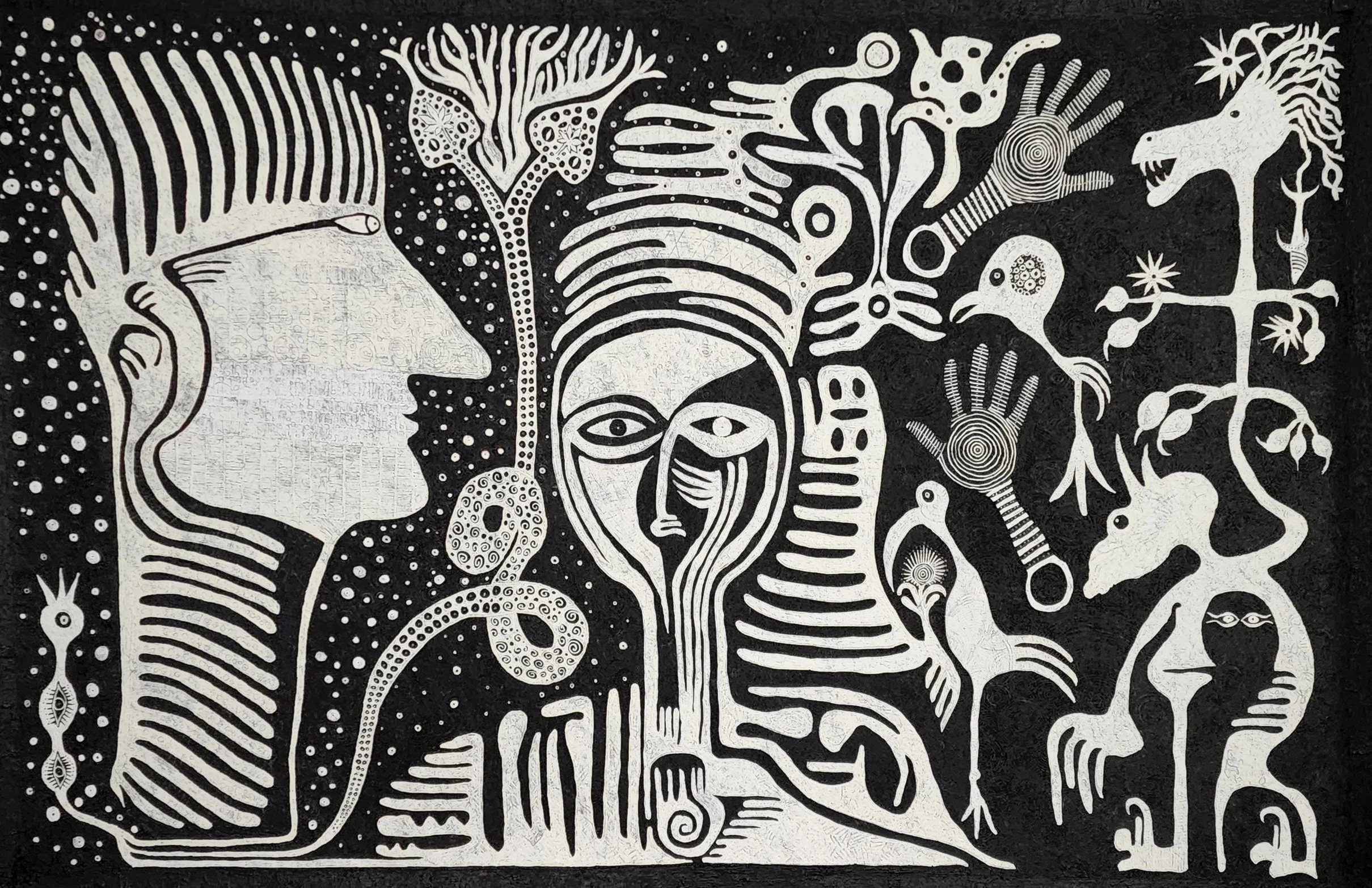 Black and white painting. The texture of the painting resembles rock. Human figure on the left. Human figure at the center. Between them there is a two headed snake with the tongue out. To the right, there are several figures.Human figure on the left
