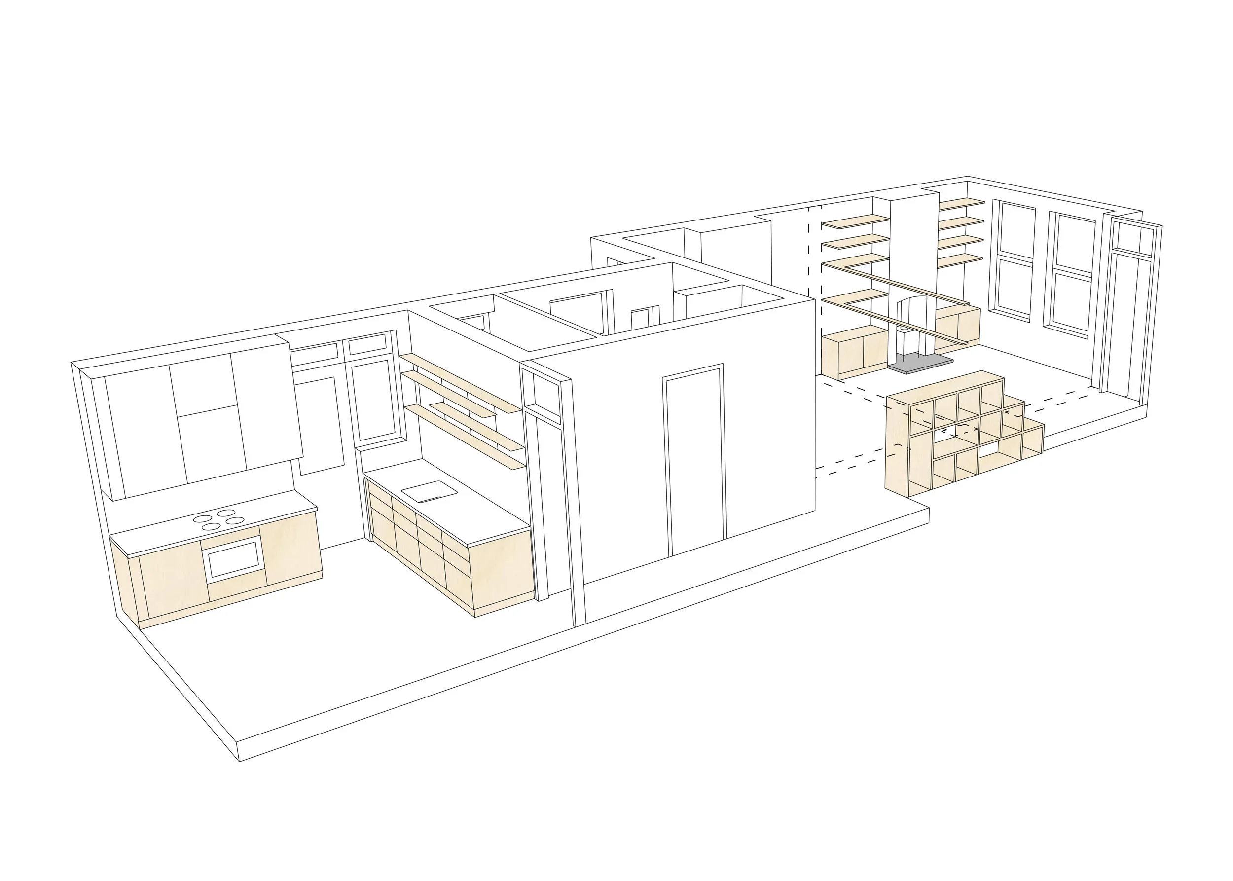 Axonometric diagram of refurbished flat in walthamstow london designed by scribe architects