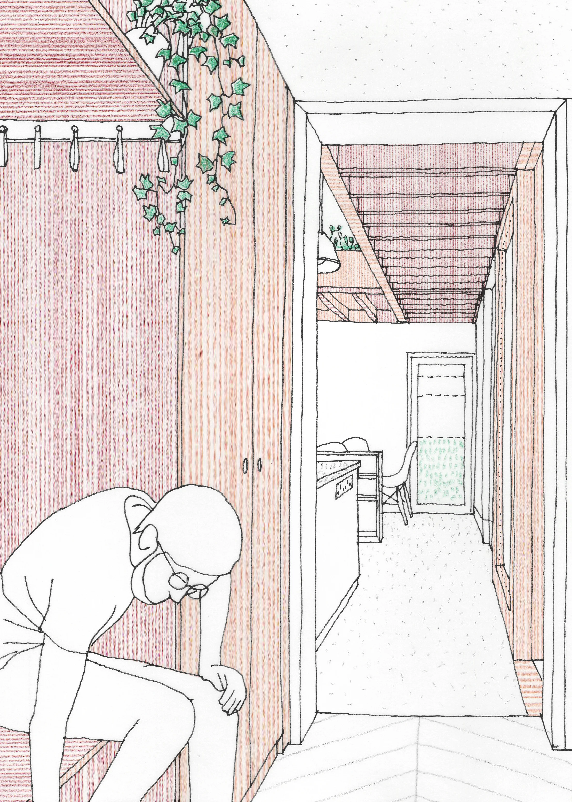Interior illustration of view through kitchen and dining room extension in walthamstow london designed by scribe architects