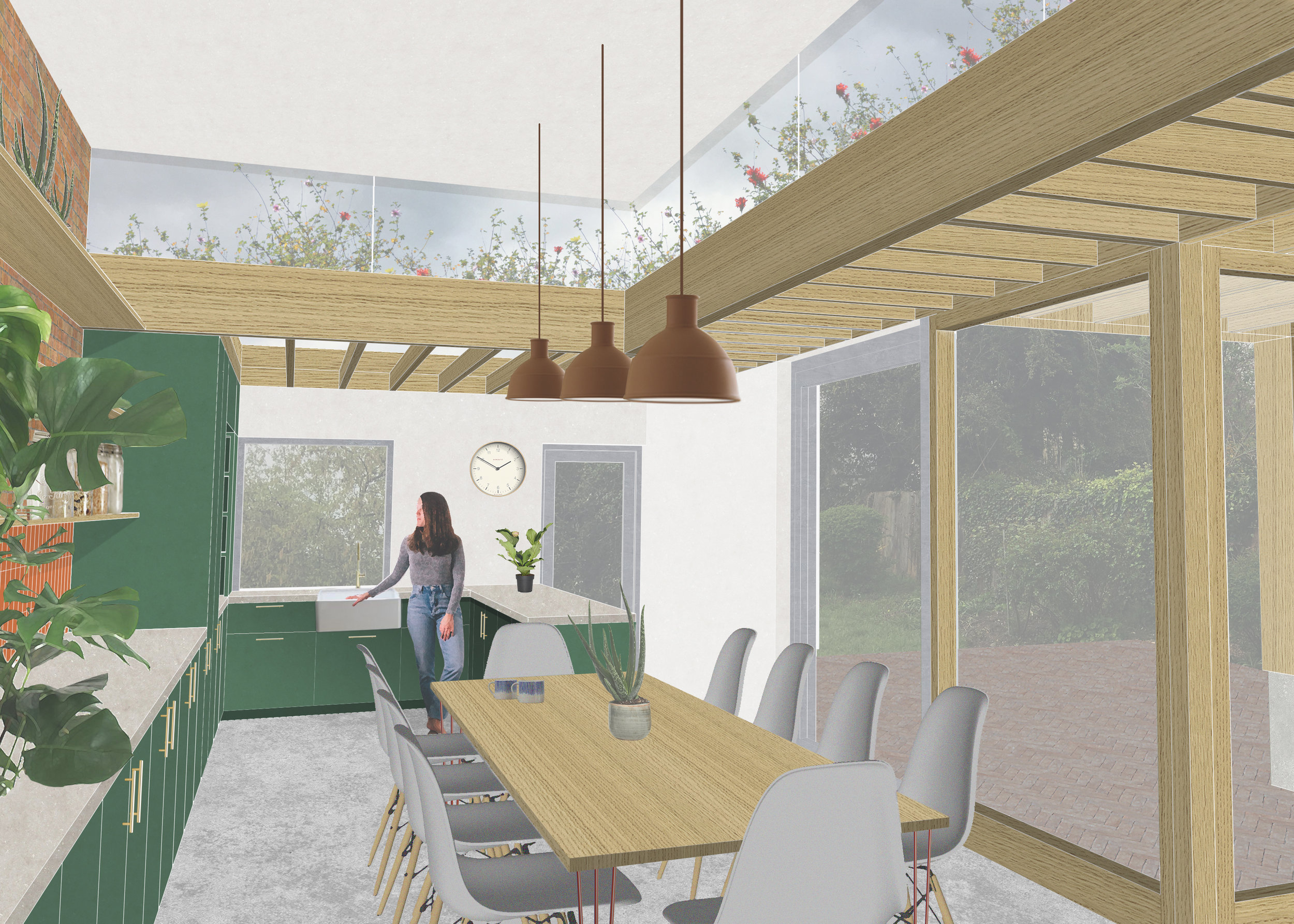 Interior illustration of kitchen and dining room extension in walthamstow london designed by scribe architects