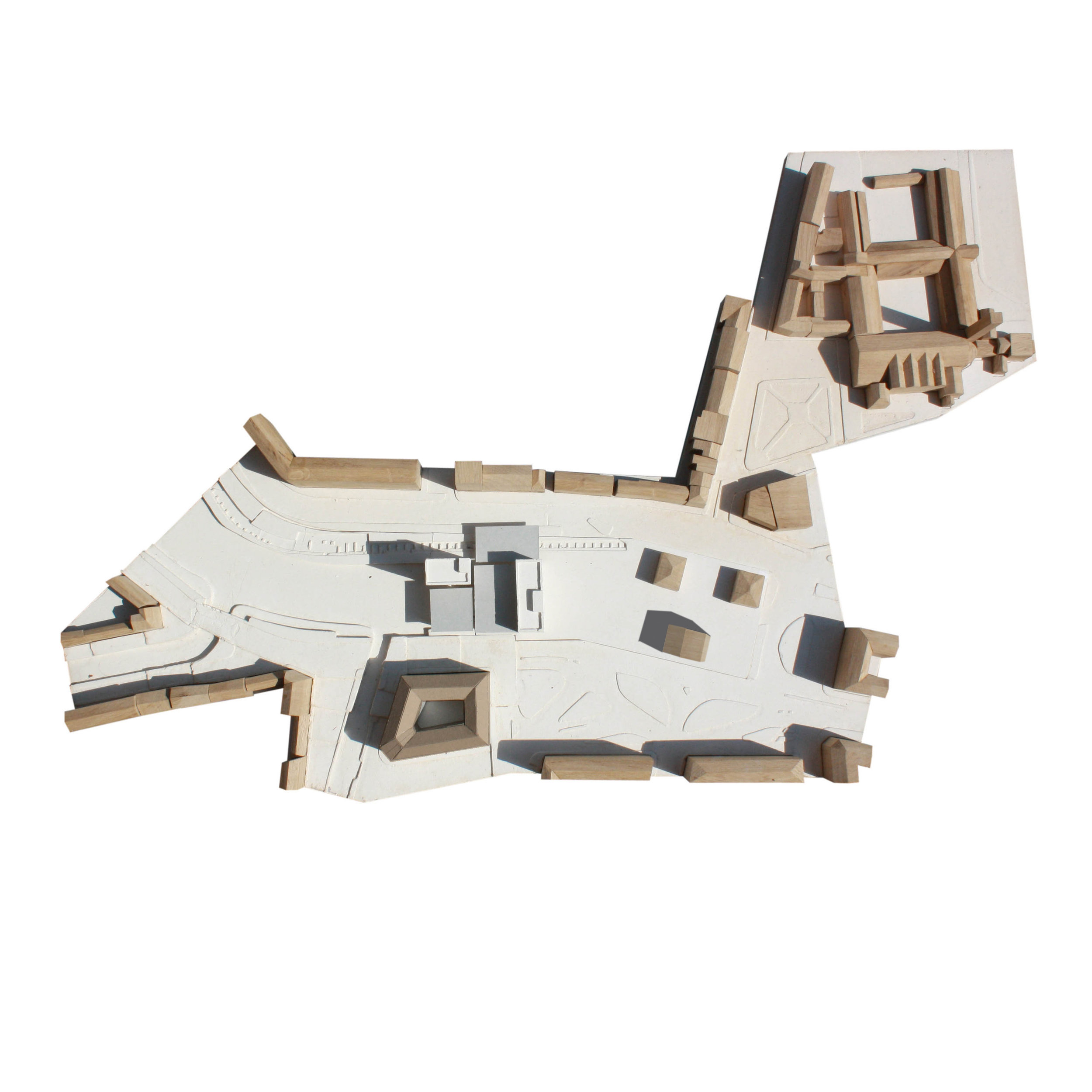 Plaster and oak site model of new market and housing in milan italy designed by scribe architects