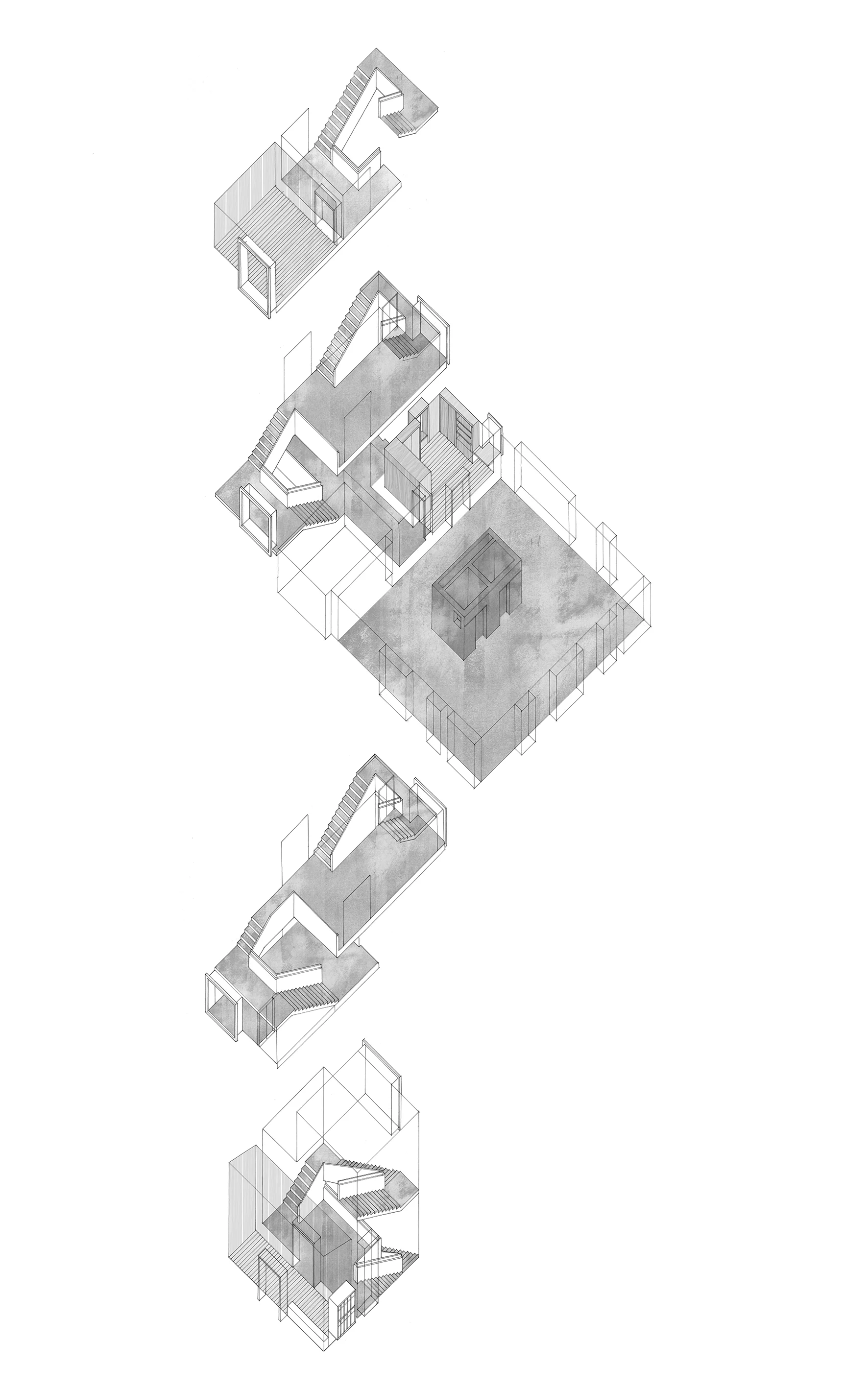 Axonometric pen illustration of new market and housing in milan italy designed by scribe architects