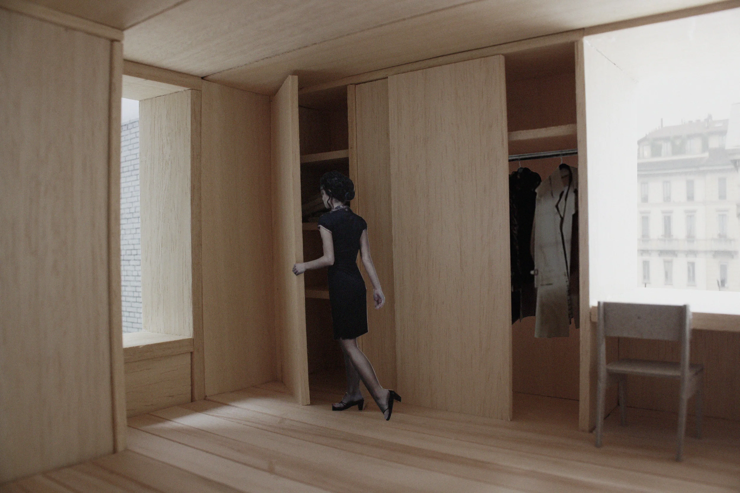 Photographed model of timber lined vestibule in new market and housing in milan italy designed by scribe architects