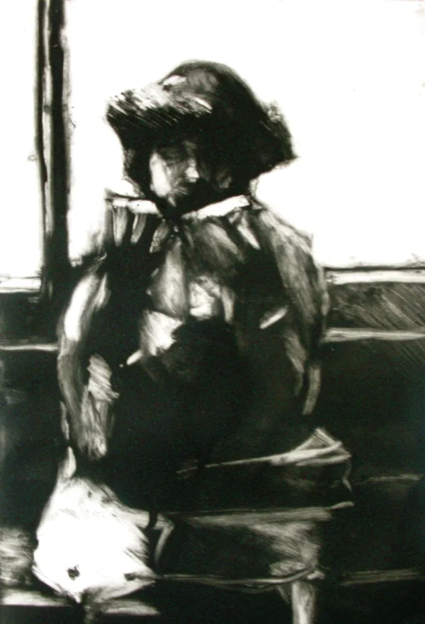 Woman on bus reading 5 1/4x 7 3/4