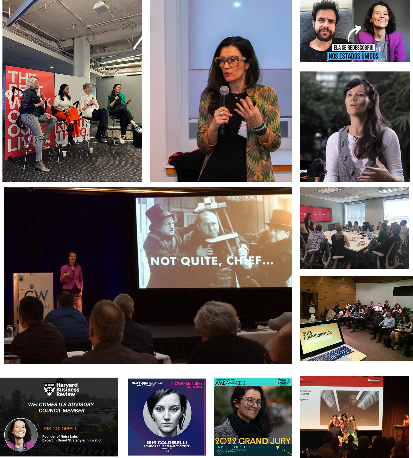 Iris speaking at NYU Stern, ANDY Awards, Harvard Business Review, AdWeek, and other industry stages