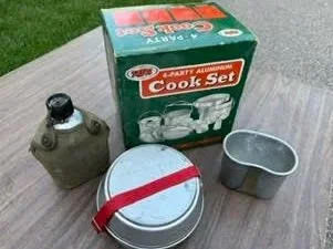 Camping gear. Canteen dates back two generations.