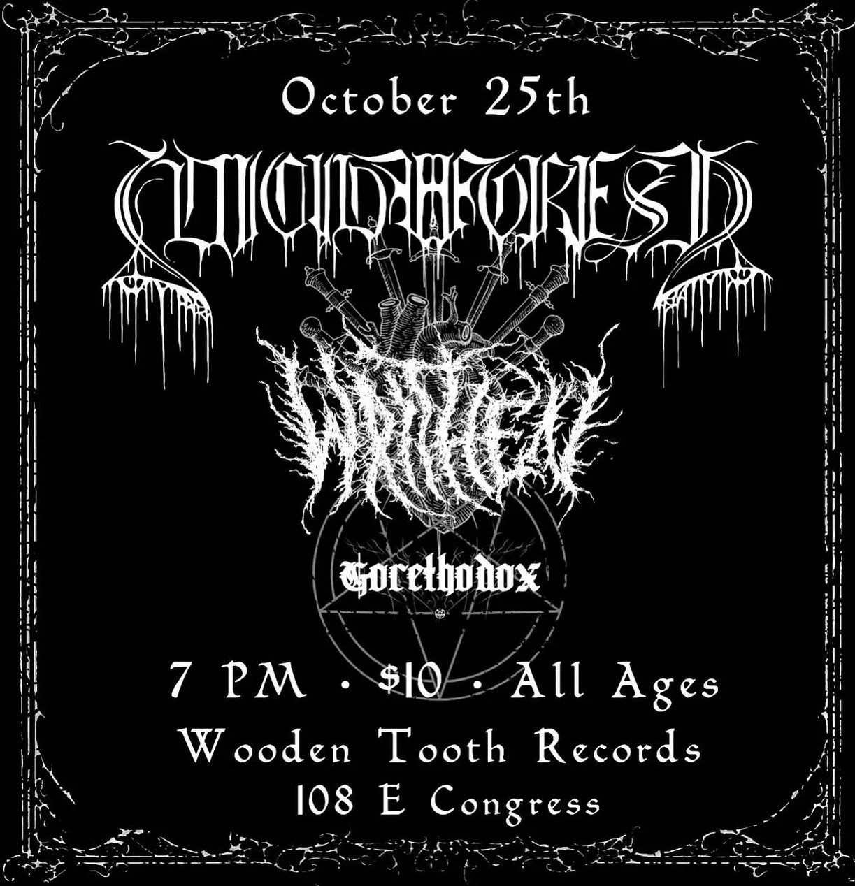 SATURDAY!! We’ve got a killer metal show w/ @suicide_forest_azbm, @writhen_az, and @gorethodox_official!! Just a $10 cover at the door!
All ages as always, doors at 7 PM. See you there!