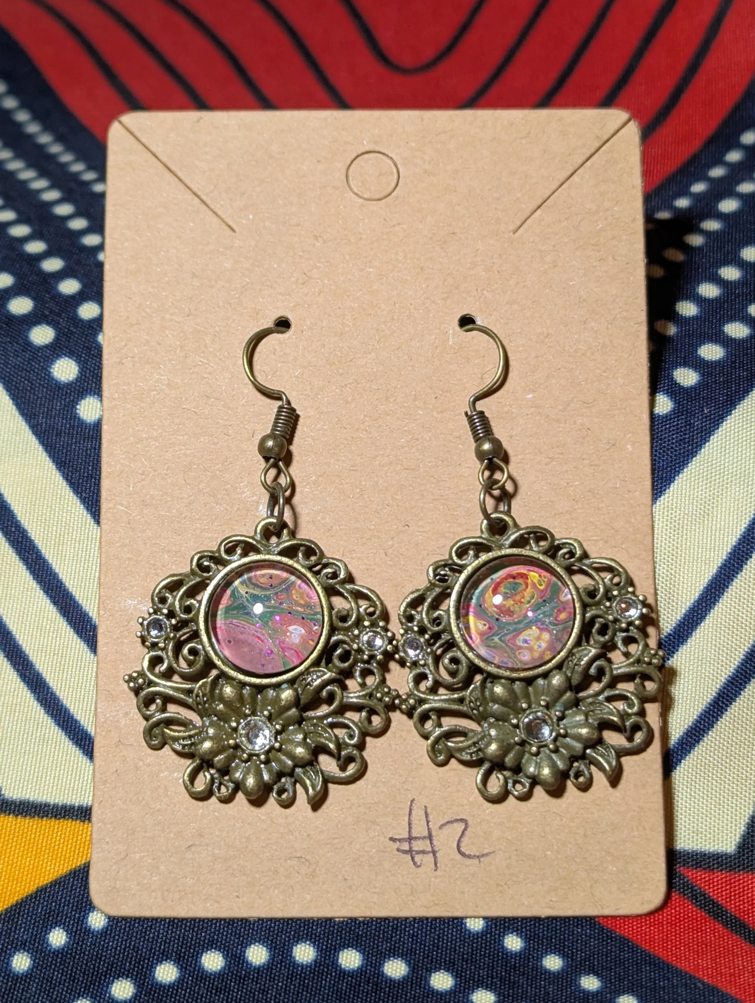 Flower and rhinestone bronze pendant#2
