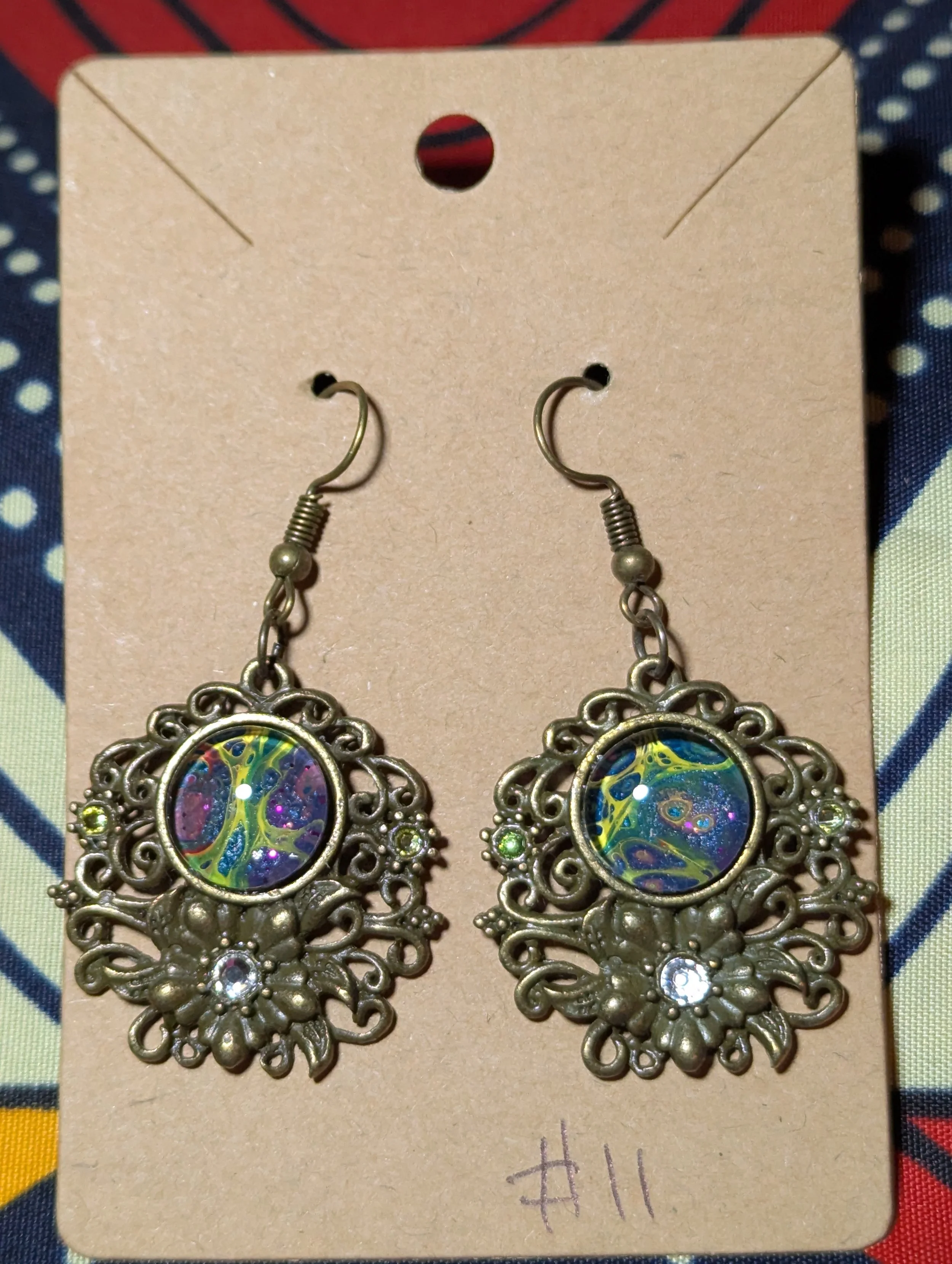 Flower and rhinestone bronze pendant#11