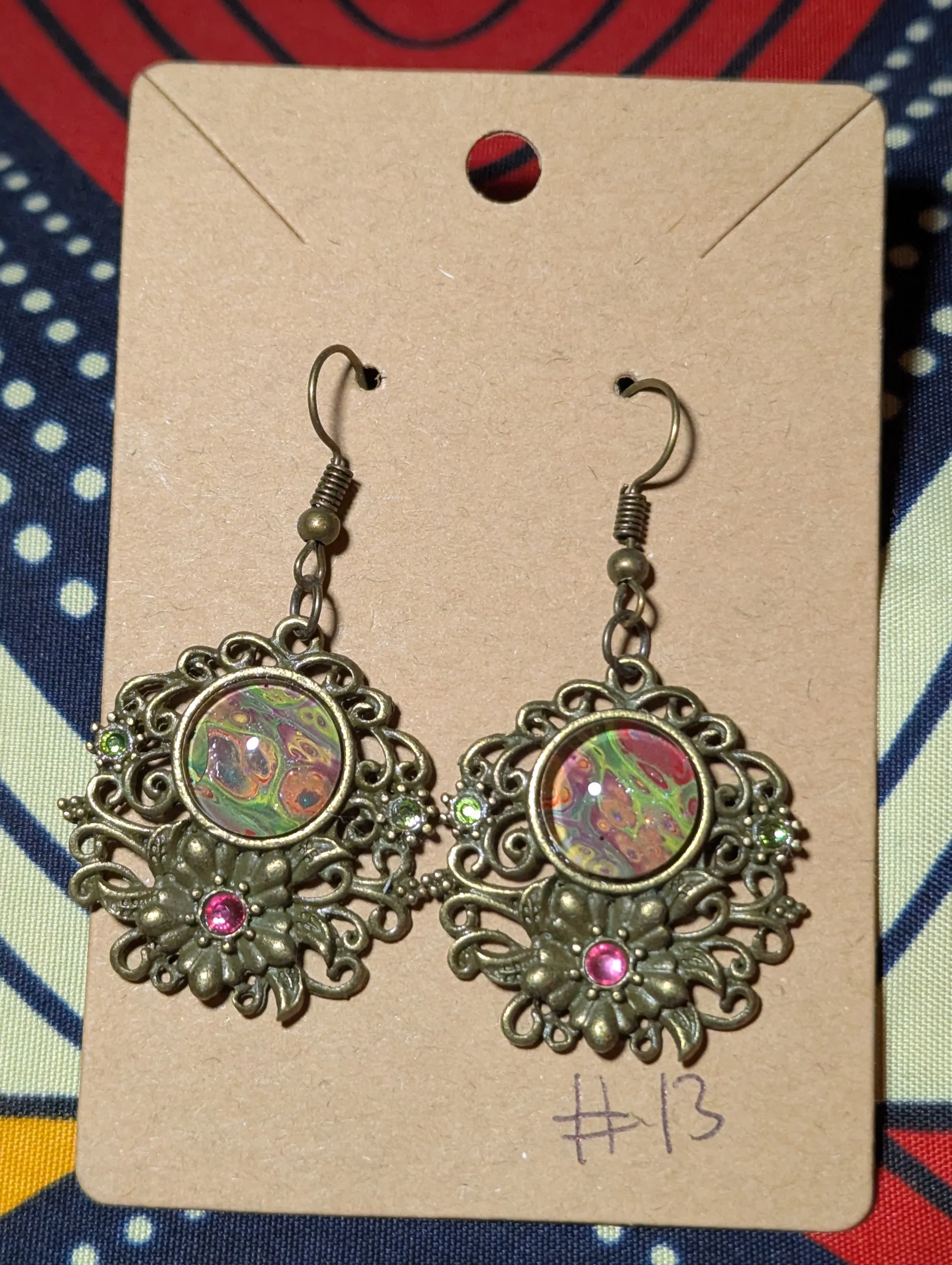 Flower and rhinestone bronze pendant #13