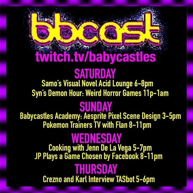 Another week of programming is beaming in from us straight to your computer 🖥️
Come play games, learn skills, cook meals, and hang out with Babycastles and our friends!
Wanna do a stream? Get in touch!
❤️🛰️💕📺❤️📻🌟
Tonight! Dont miss Visual👀Novels📖 and Demon😈Hour⌛️