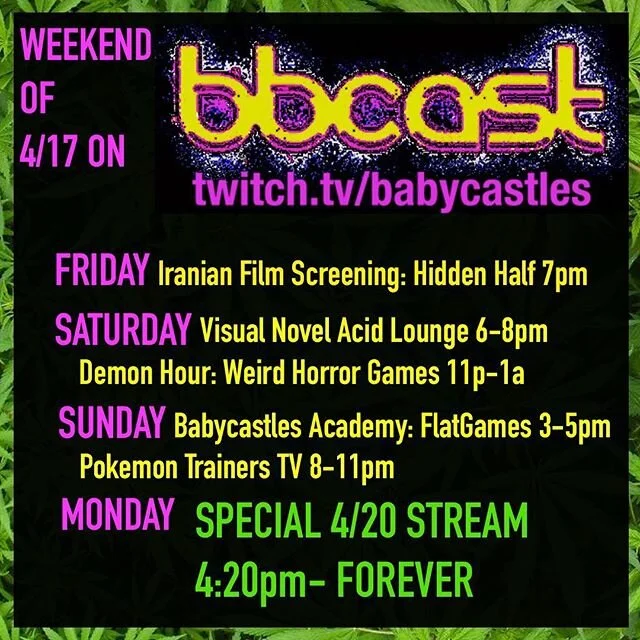 🎺👼🎺👼 Gather round! 
The next 4 days of streams from Babycastles are here! 🏄
Don&rsquo;t miss Hidden Half tonight! 🎞 
And, if you&rsquo;re wondering what to do for the big holiday on Monday, 
We&rsquo;ve got you covered 👽🌳
Let&rsquo;s blaze into this weekend together🔥🔥🔥