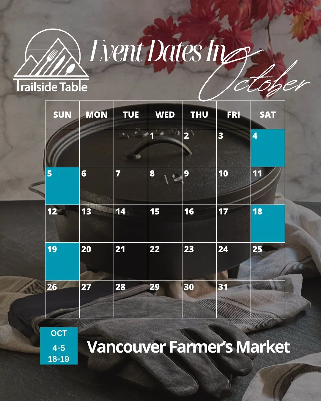 🍂 October is here and so are our fall market dates! 🍁

Catch Trailside Table at the Vancouver Farmer&rsquo;s Market on:
📅 Oct 4&ndash;5 &amp; 18&ndash;19

Stop by to stock up on cast iron care essentials and cozy up your cooking this season. See y