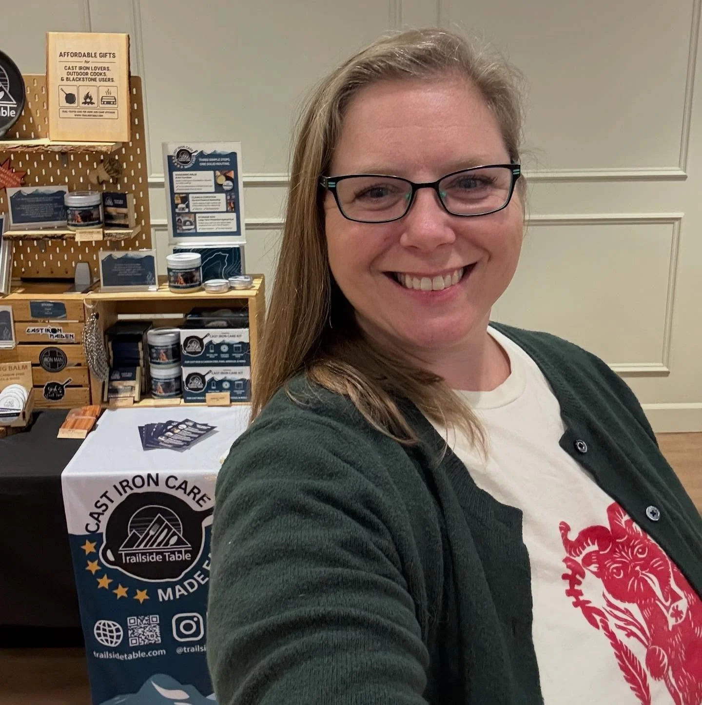 First Holiday market of the season! That means I get to break out my favorite seasonal shirt&hellip;Kitty Krampus!

Check out my pinned post @trailsidetable for my upcoming market schedule.

#shoplocal #shopsmall #castiron #holidayshopping #trailside