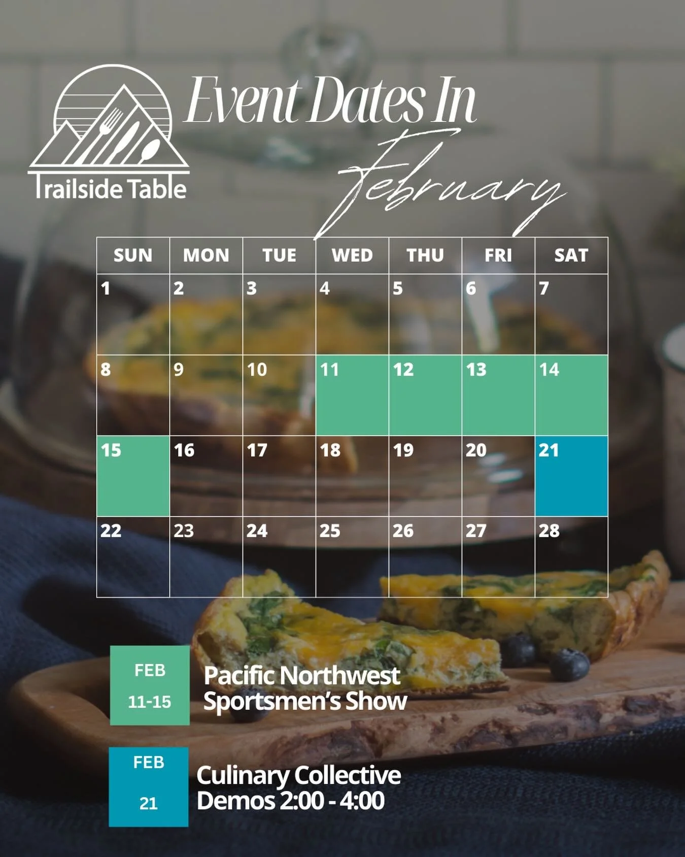 February is filling up with cast iron, cooking, and a couple chances to see Trailside Table in person.

Feb 11&ndash;15
Pacific Northwest Sportsmen&rsquo;s Show @thesportshows 
Stop by the booth, try your luck at a fun game I&rsquo;ve been cooking up