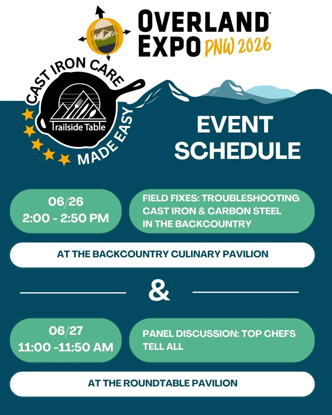 I&rsquo;m headed to @overlandexpo PNW later this week, and in addition to hanging at my booth I&rsquo;ll also be doing two sessions!

Friday: 
Field Fixes: Troubleshooting Cast Iron &amp; Carbon Steel in the Backcountry
Bring your cookware, your ques