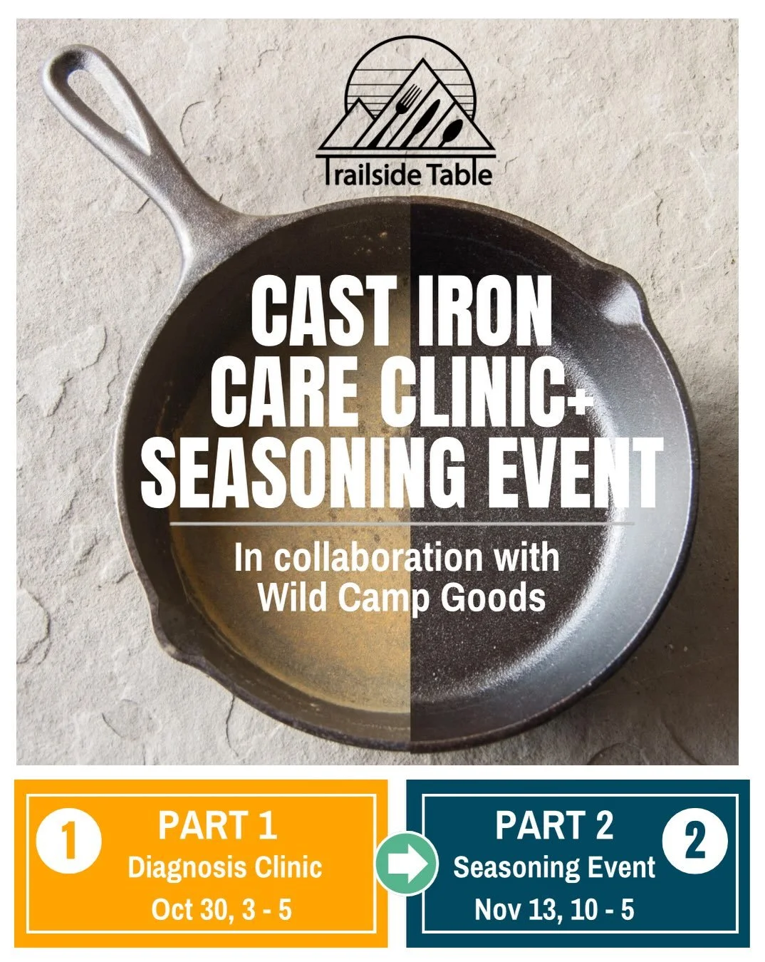 Got a cast iron pan you&rsquo;re not sure about? Bring it in. 🍳

We&rsquo;re teaming up with @wildcampgoods for two free, drop-in cast iron events this fall:

Cast Iron Diagnosis Clinic
Friday, Oct 30 &middot; 3&ndash;5 PM
Rusty, sticky, flaking, or